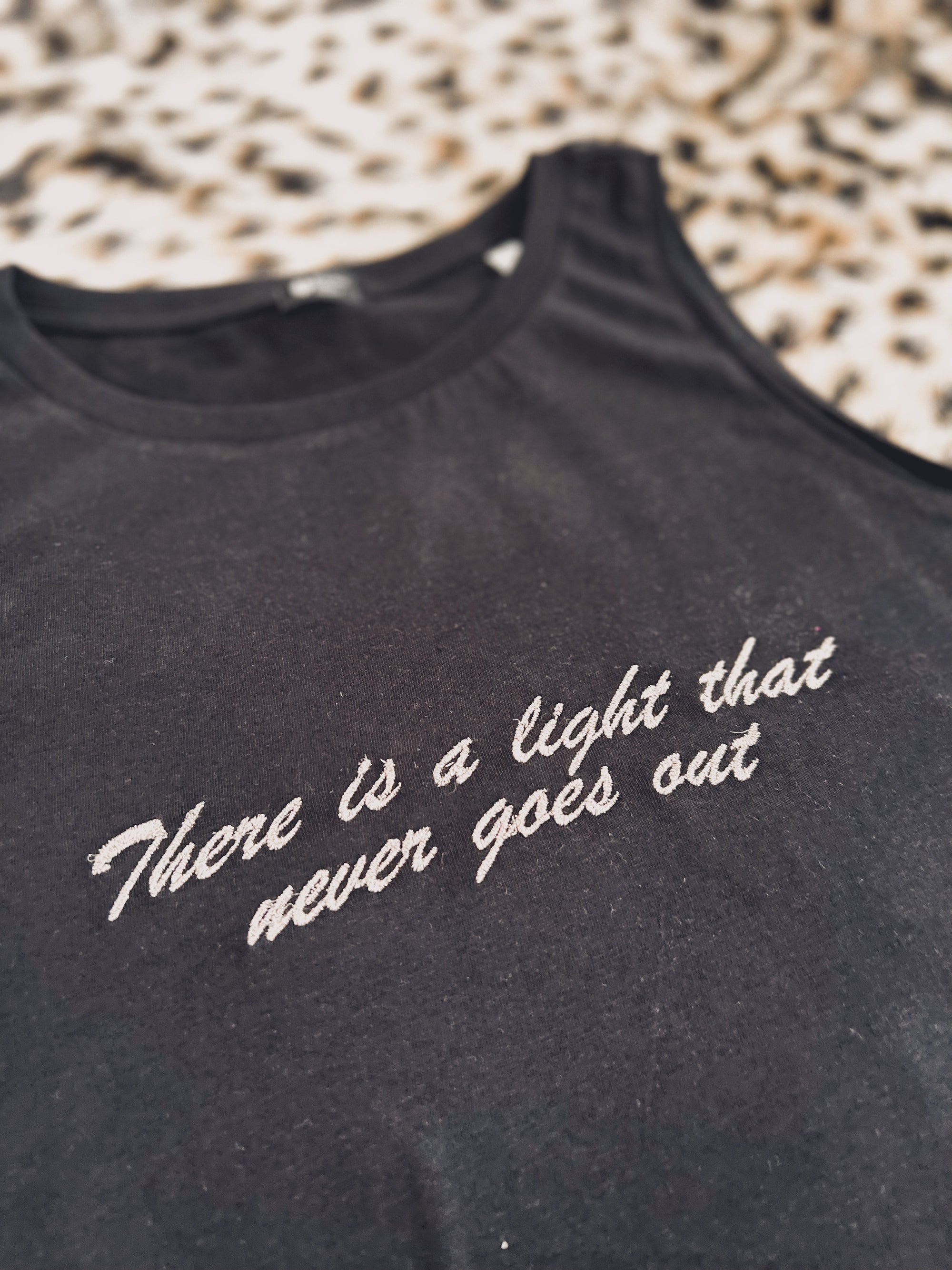 SAMPLE SALE ‘THERE IS A LIGHT THAT NEVER GOES OUT’ EMBROIDERED WOMEN'S CROPPED ORGANIC COTTON 'DANCER' TANK TOP (SIZE XS)