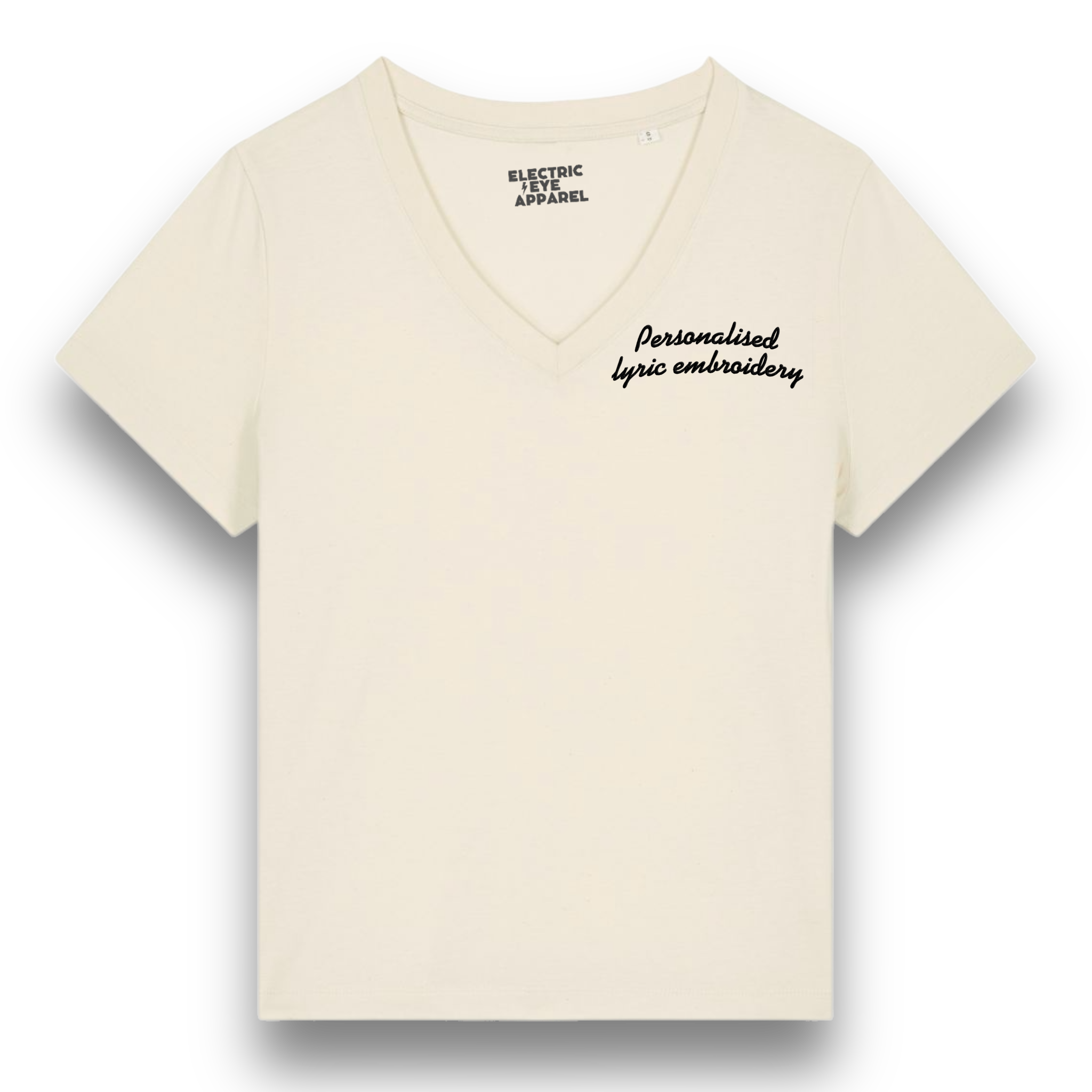 Personalised Lyric Left Chest Embroidered premium organic iconic women's v-neck 'Isla' t-shirt - choose your own lyrics, font and thread colour