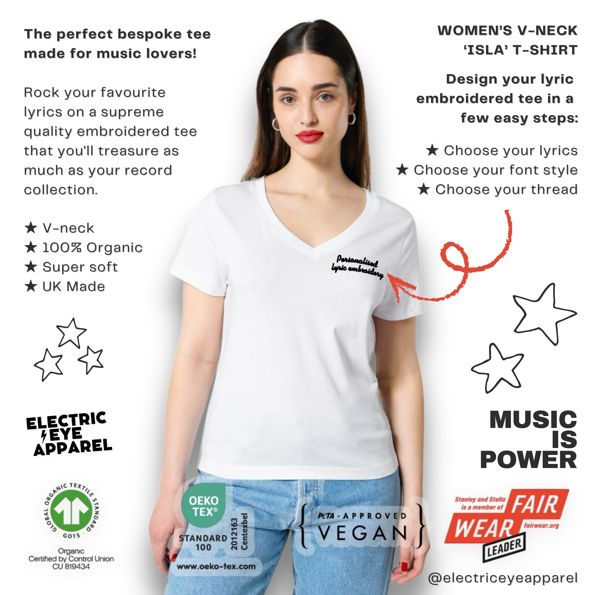 Personalised Lyric Left Chest Embroidered premium organic iconic women's v-neck 'Isla' t-shirt - choose your own lyrics, font and thread colour