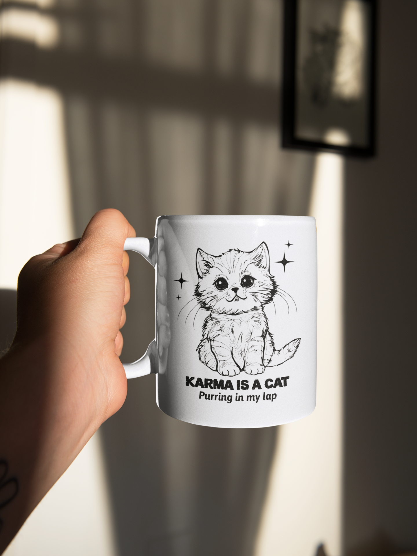 Karma Is A Cat Purring In My Lap Vintage Printed White glossy mug