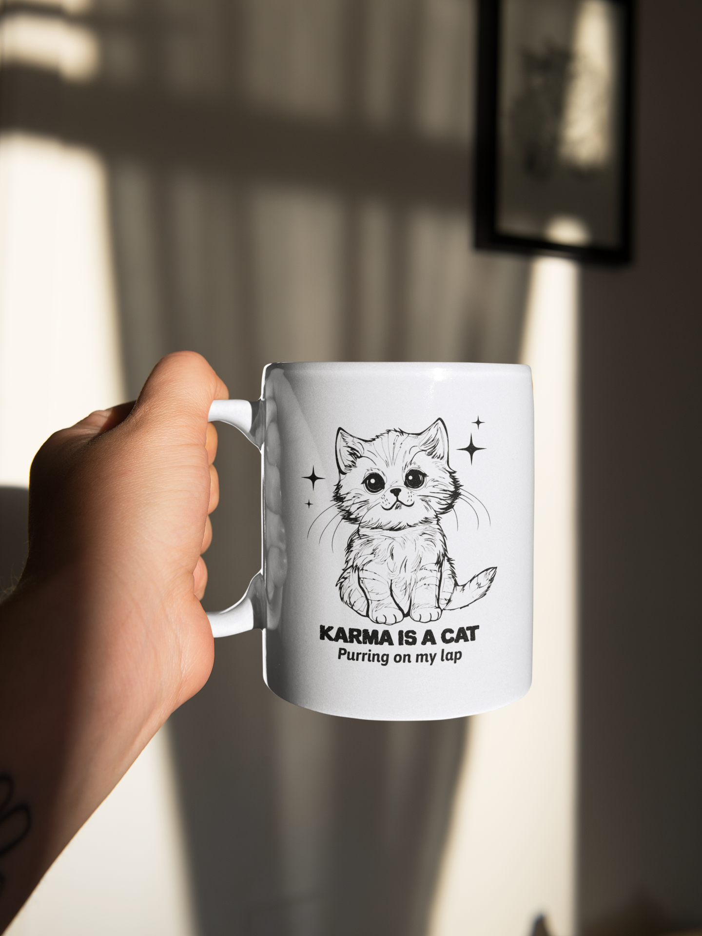 Karma Is A Cat Vintage Illustration Printed White glossy mug