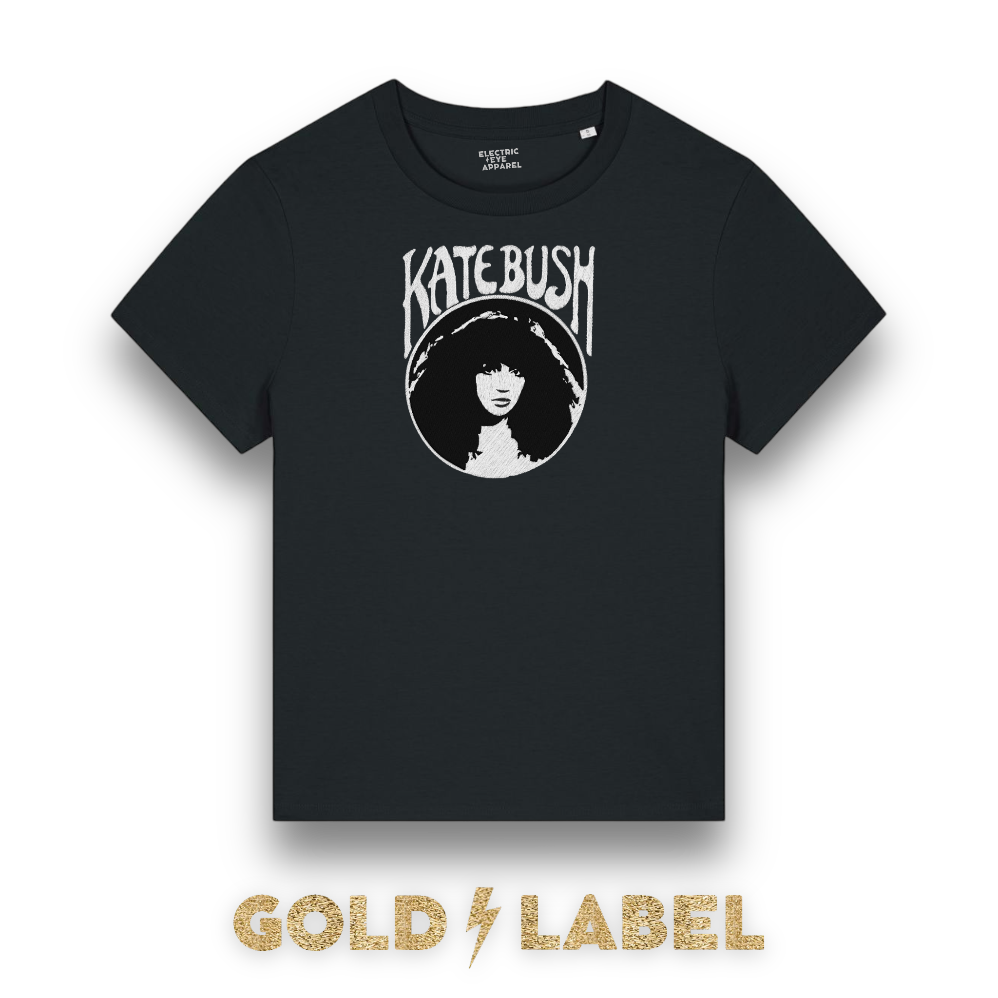 GOLD LABEL WOMEN'S KATE BUSH MUCHA STYLE EMBROIDERED ORGANIC COTTON CREW NECK 'MUSER' T-SHIRT - OPTIONAL 'KATE BUSH' TEXT COLOUR