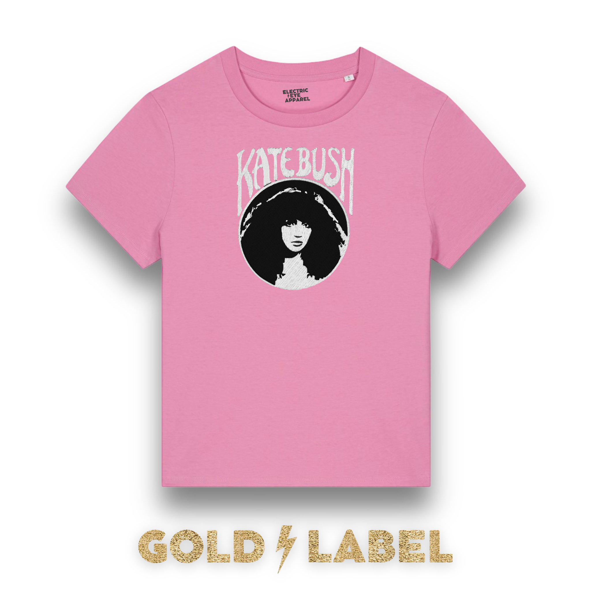 GOLD LABEL WOMEN'S KATE BUSH MUCHA STYLE EMBROIDERED ORGANIC COTTON CREW NECK 'MUSER' T-SHIRT - OPTIONAL 'KATE BUSH' TEXT COLOUR