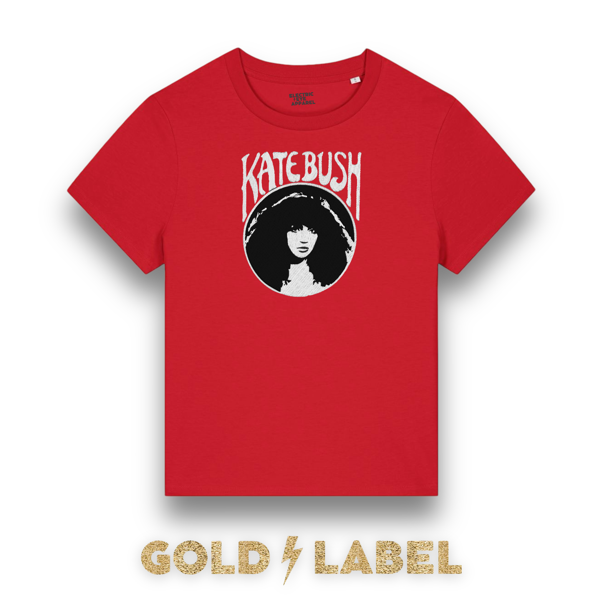 GOLD LABEL WOMEN'S KATE BUSH MUCHA STYLE EMBROIDERED ORGANIC COTTON CREW NECK 'MUSER' T-SHIRT - OPTIONAL 'KATE BUSH' TEXT COLOUR