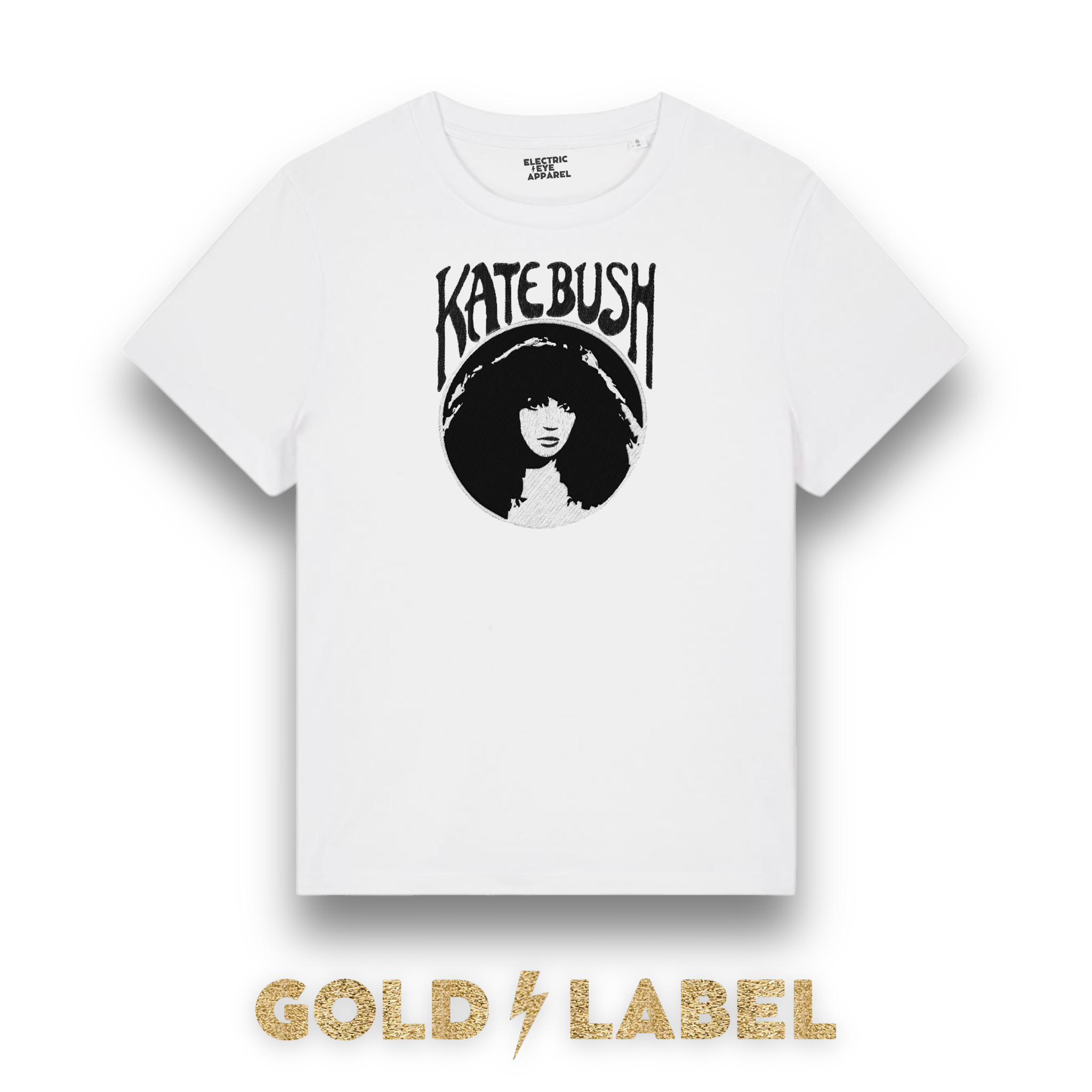 GOLD LABEL WOMEN'S KATE BUSH MUCHA STYLE EMBROIDERED ORGANIC COTTON CREW NECK 'MUSER' T-SHIRT - OPTIONAL 'KATE BUSH' TEXT COLOUR