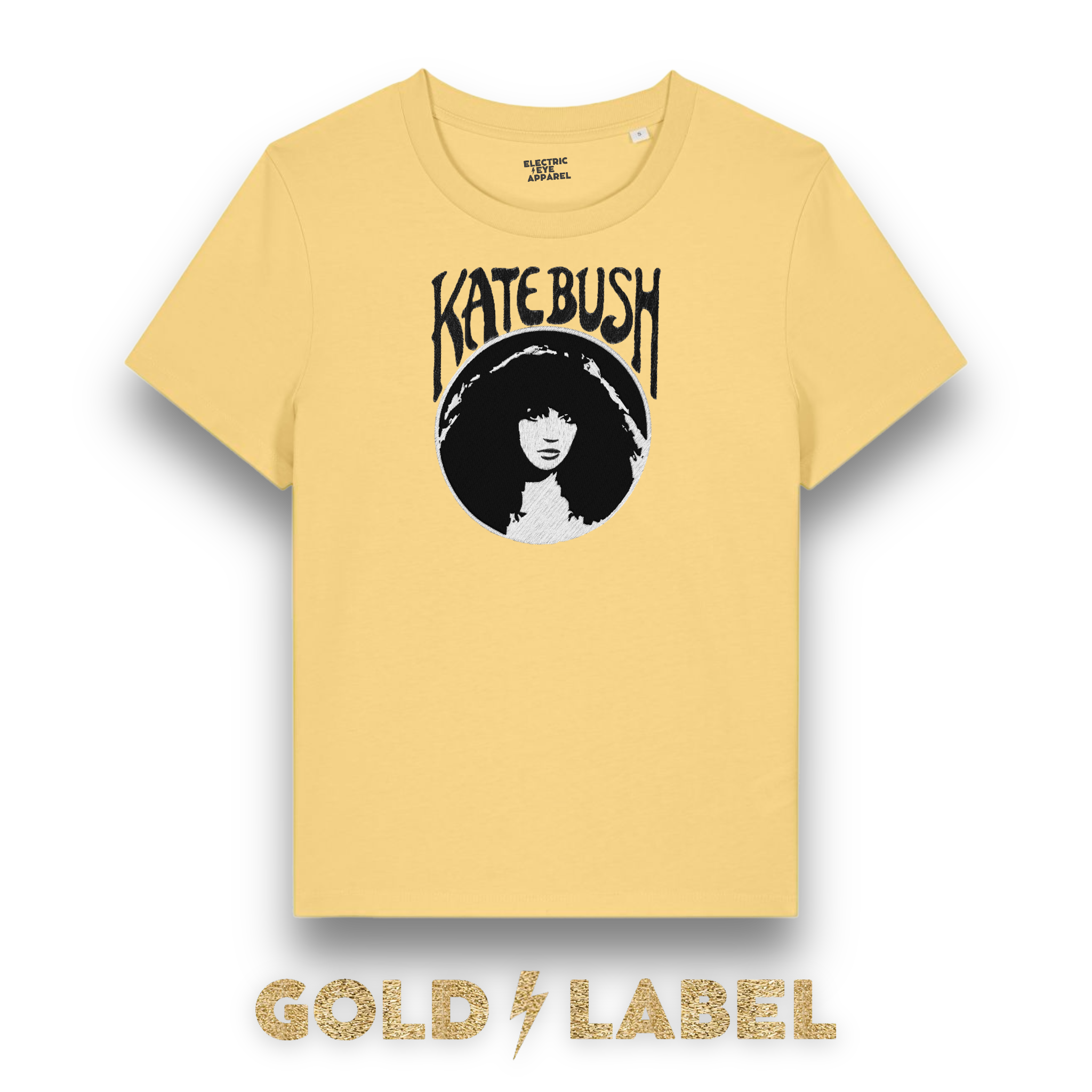 GOLD LABEL WOMEN'S KATE BUSH MUCHA STYLE EMBROIDERED ORGANIC COTTON CREW NECK 'MUSER' T-SHIRT - OPTIONAL 'KATE BUSH' TEXT COLOUR