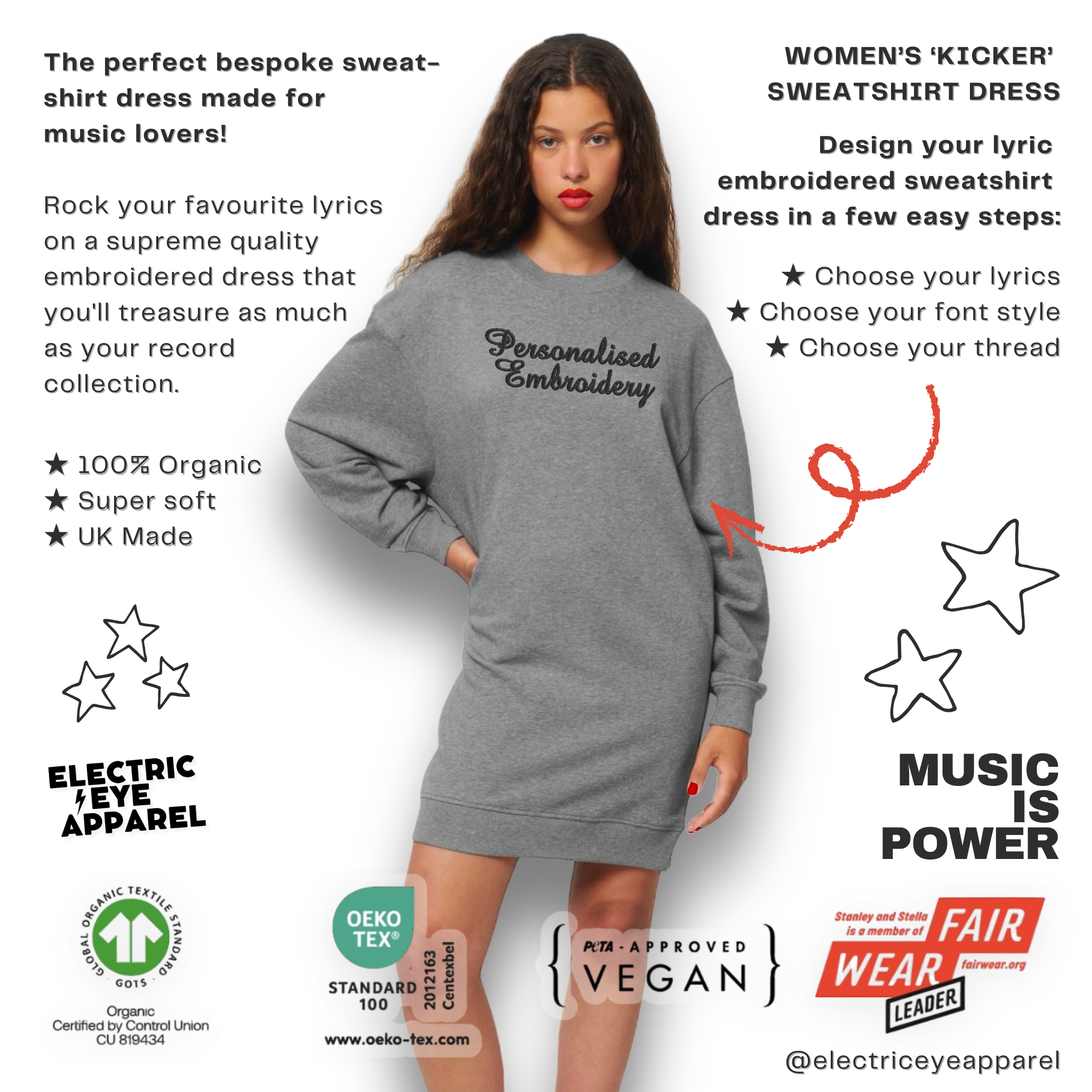 Personalised Lyric Centre Chest Embroidered premium organic women's oversized 'Kicker' sweatshirt dress- choose your own lyrics, font and thread colour