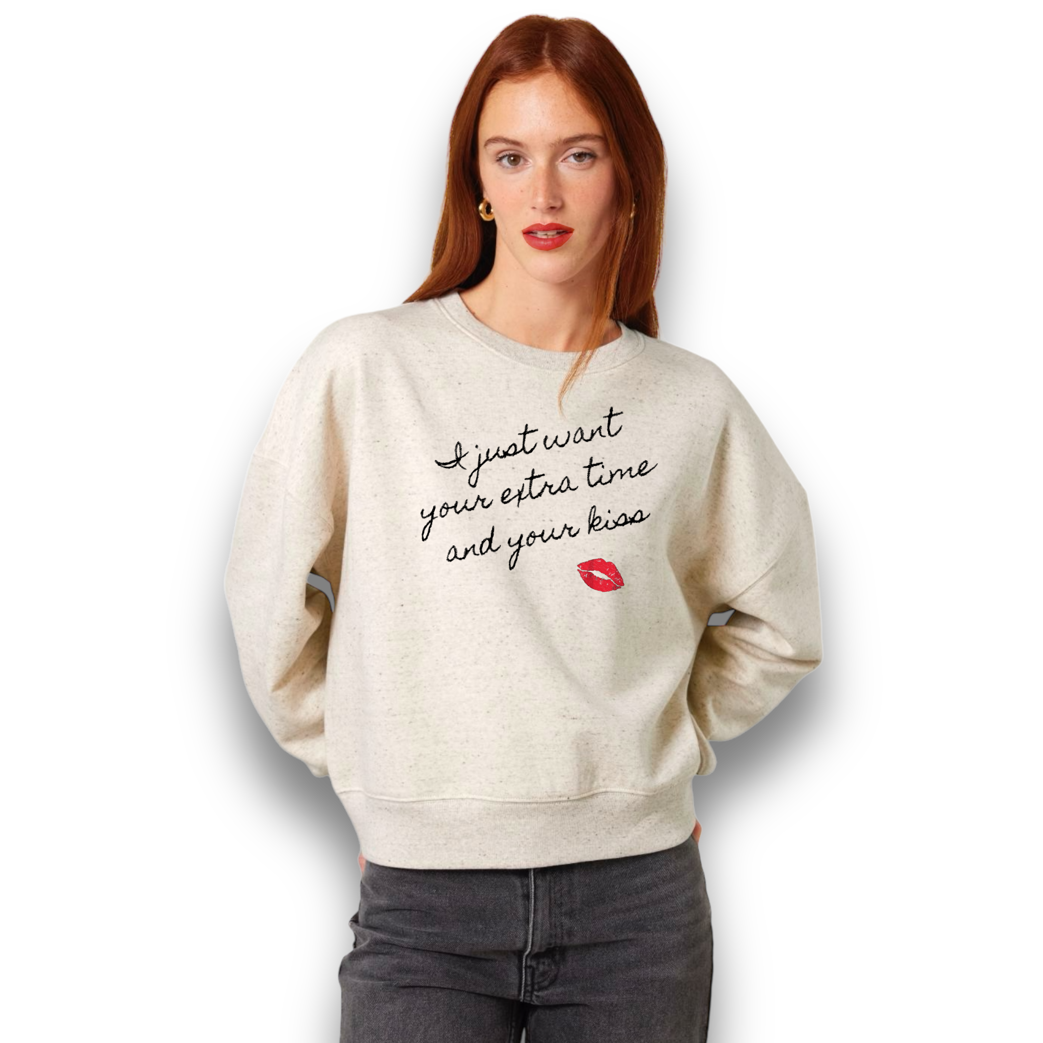 'I JUST WANT YOUR EXTRA TIME AND YOUR KISS' lips embroidered organic women's dropped shoulder 'Alma' sweatshirt - inspired by Prince