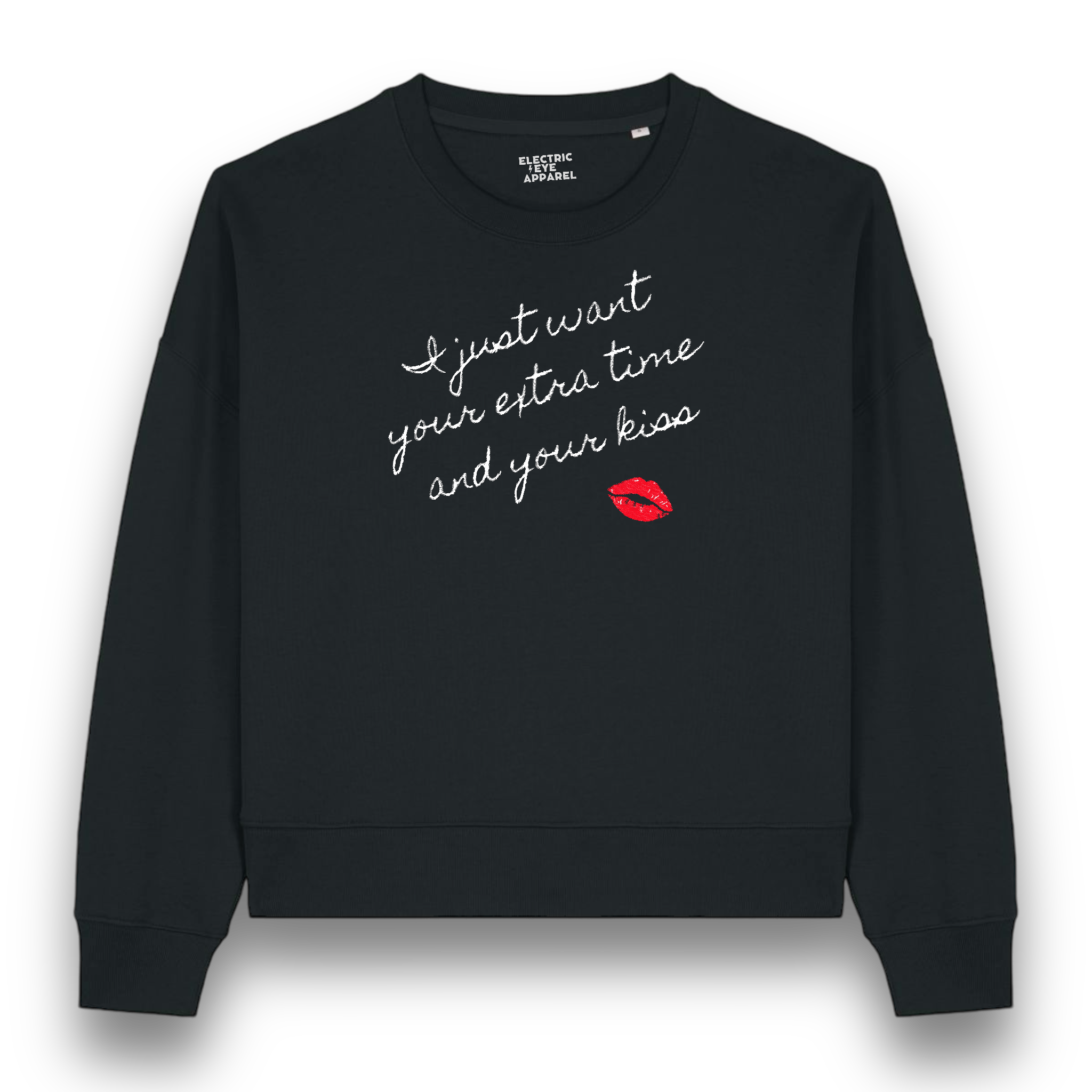 'I JUST WANT YOUR EXTRA TIME AND YOUR KISS' lips embroidered organic women's dropped shoulder 'Alma' sweatshirt - inspired by Prince