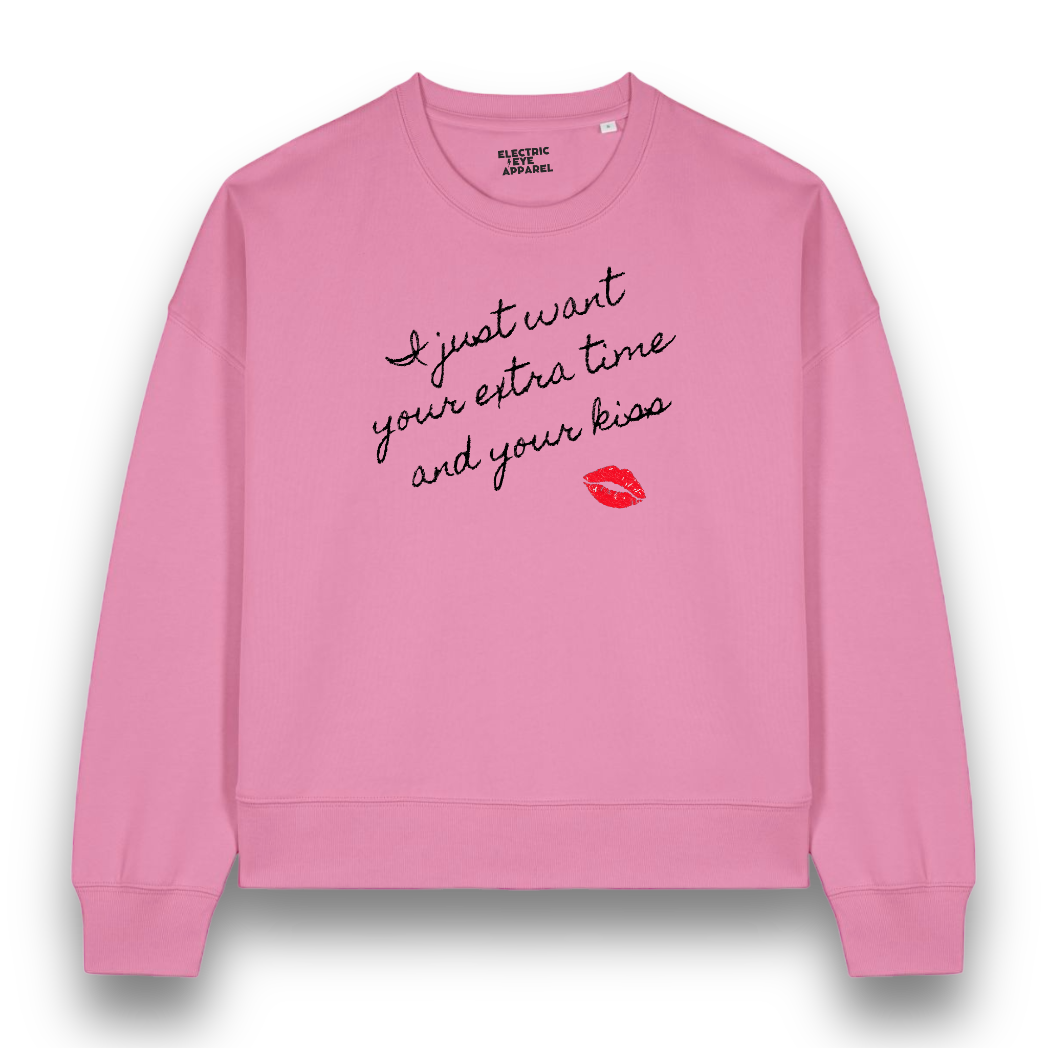 'I JUST WANT YOUR EXTRA TIME AND YOUR KISS' lips embroidered organic women's dropped shoulder 'Alma' sweatshirt - inspired by Prince