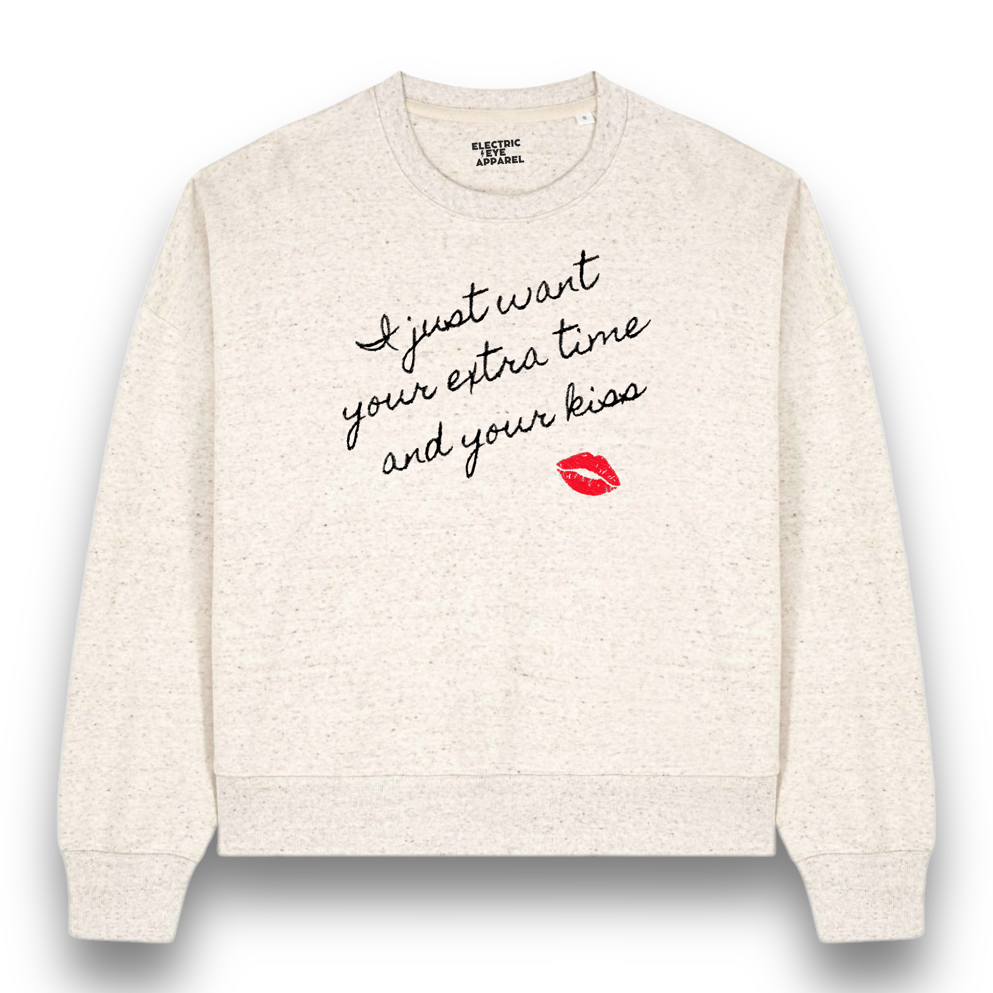 'I JUST WANT YOUR EXTRA TIME AND YOUR KISS' lips embroidered organic women's dropped shoulder 'Alma' sweatshirt - inspired by Prince