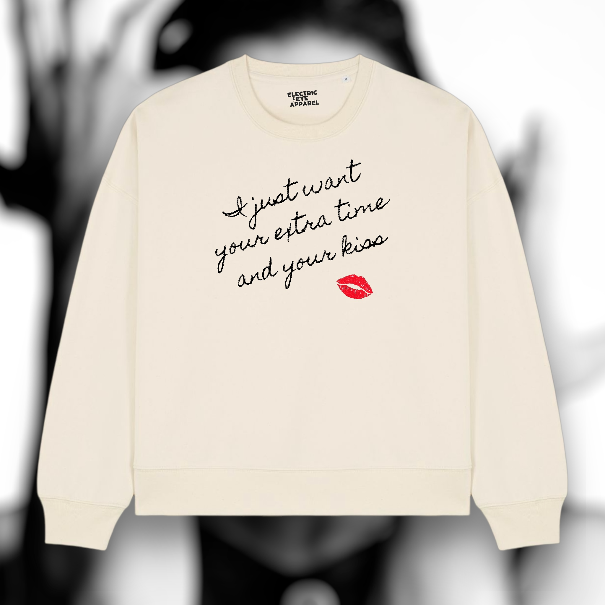 'I JUST WANT YOUR EXTRA TIME AND YOUR KISS' lips embroidered organic women's dropped shoulder 'Alma' sweatshirt - inspired by Prince