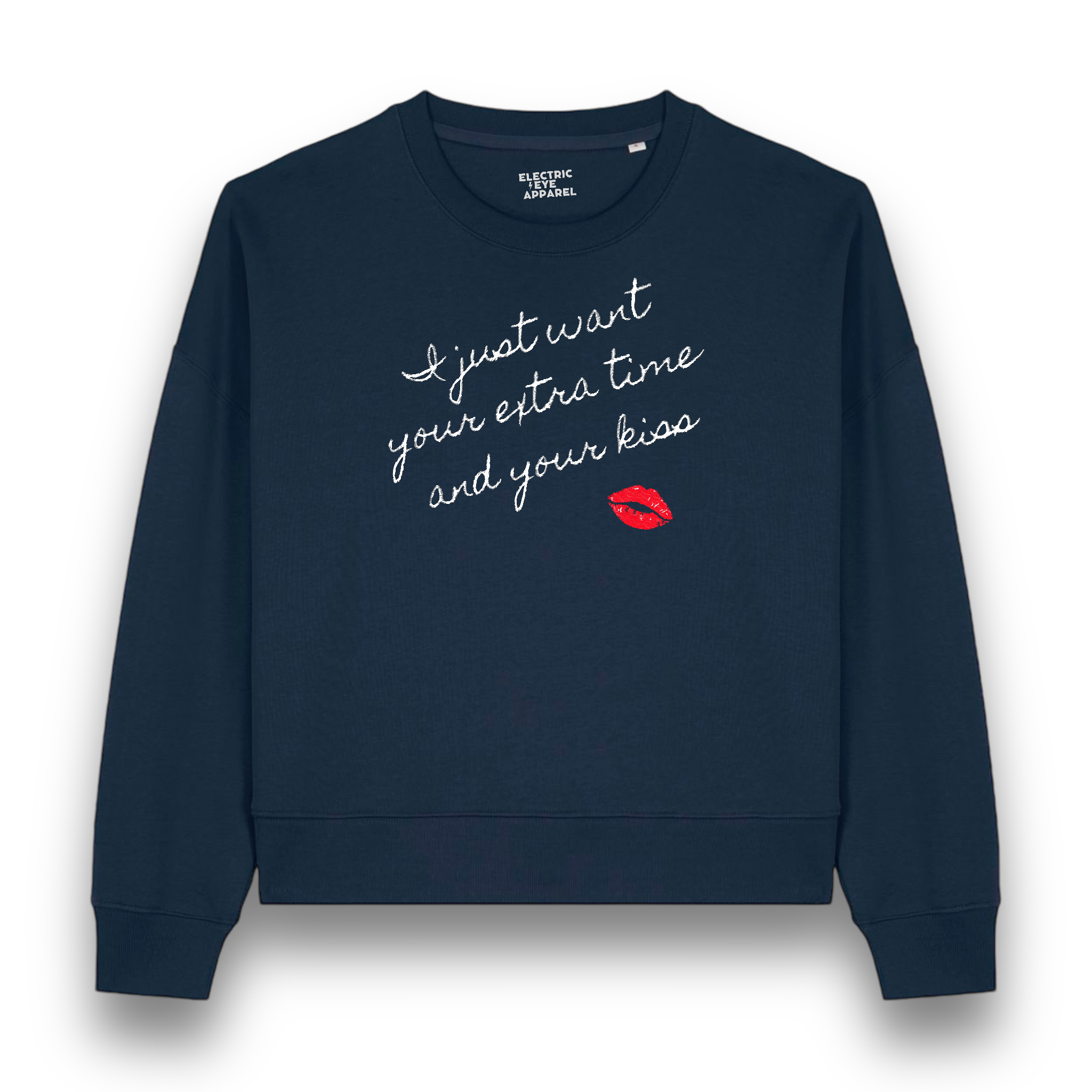 'I JUST WANT YOUR EXTRA TIME AND YOUR KISS' lips embroidered organic women's dropped shoulder 'Alma' sweatshirt - inspired by Prince