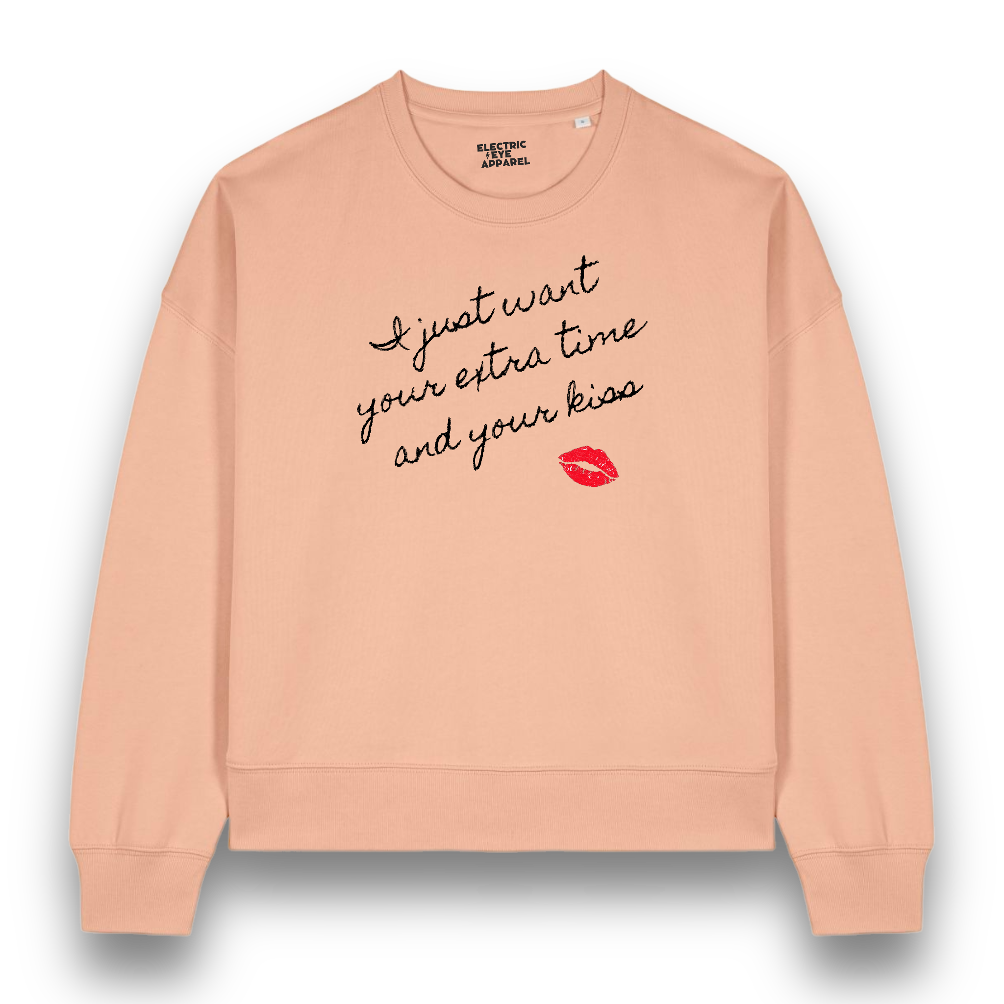 'I JUST WANT YOUR EXTRA TIME AND YOUR KISS' lips embroidered organic women's dropped shoulder 'Alma' sweatshirt - inspired by Prince