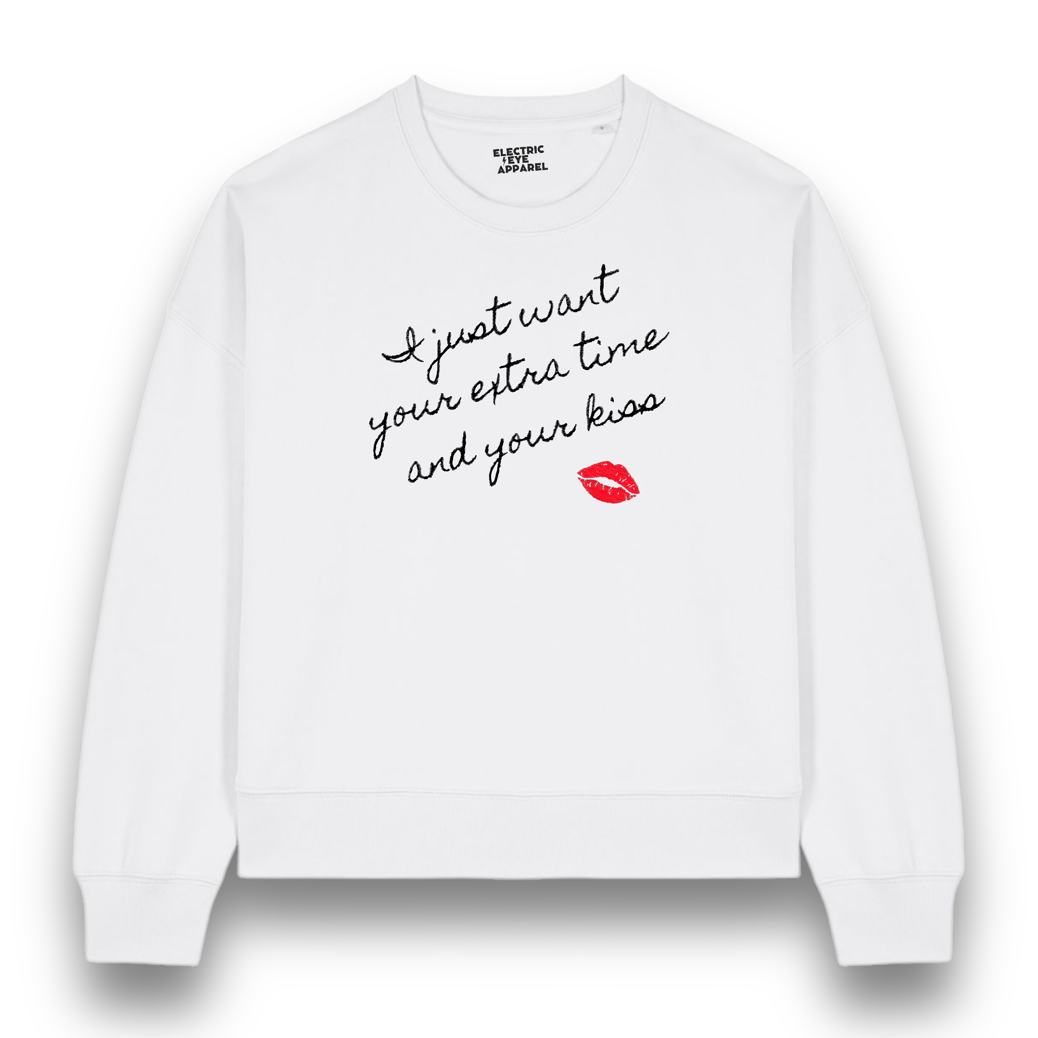 'I JUST WANT YOUR EXTRA TIME AND YOUR KISS' lips embroidered organic women's dropped shoulder 'Alma' sweatshirt - inspired by Prince