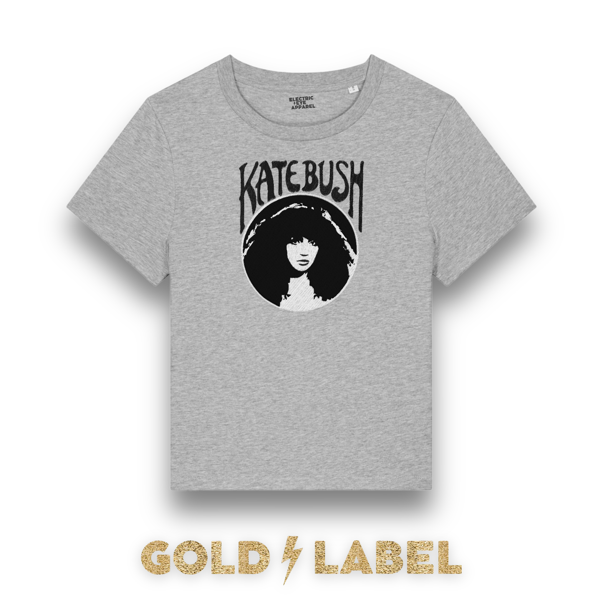 GOLD LABEL WOMEN'S KATE BUSH MUCHA STYLE EMBROIDERED ORGANIC COTTON CREW NECK 'MUSER' T-SHIRT - OPTIONAL 'KATE BUSH' TEXT COLOUR