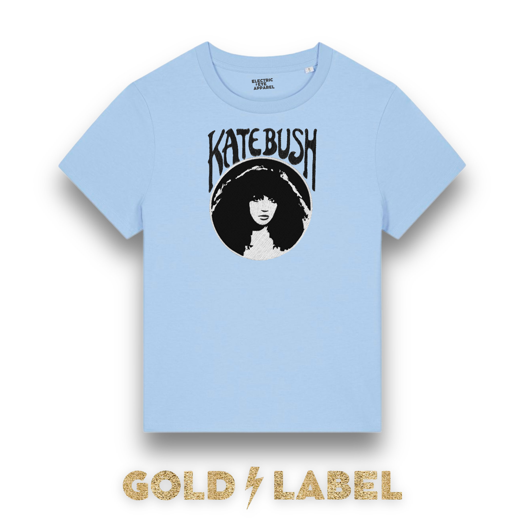 GOLD LABEL WOMEN'S KATE BUSH MUCHA STYLE EMBROIDERED ORGANIC COTTON CREW NECK 'MUSER' T-SHIRT - OPTIONAL 'KATE BUSH' TEXT COLOUR