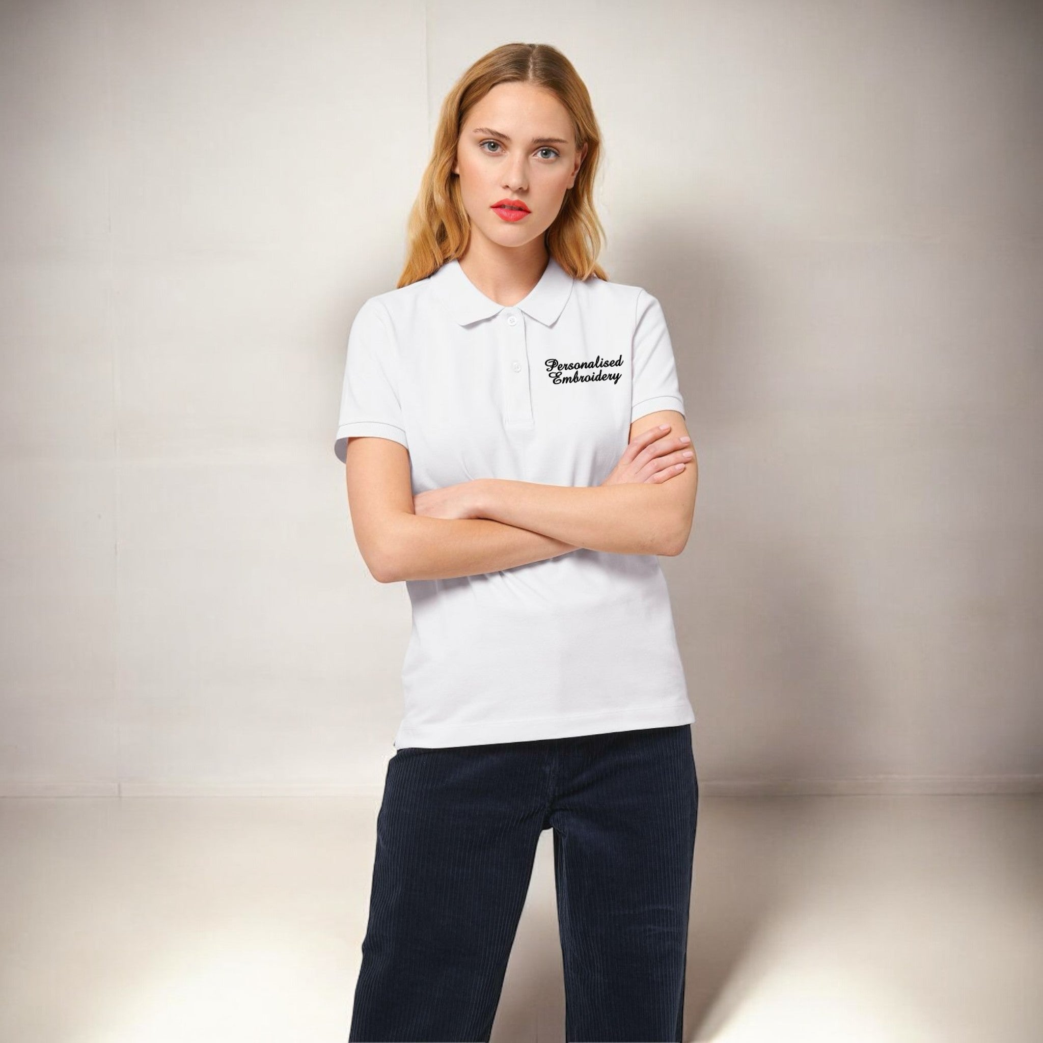 Personalised Lyric Left Chest Embroidered premium organic women's 'Lol' polo shirt - choose your own lyrics, font and thread colour