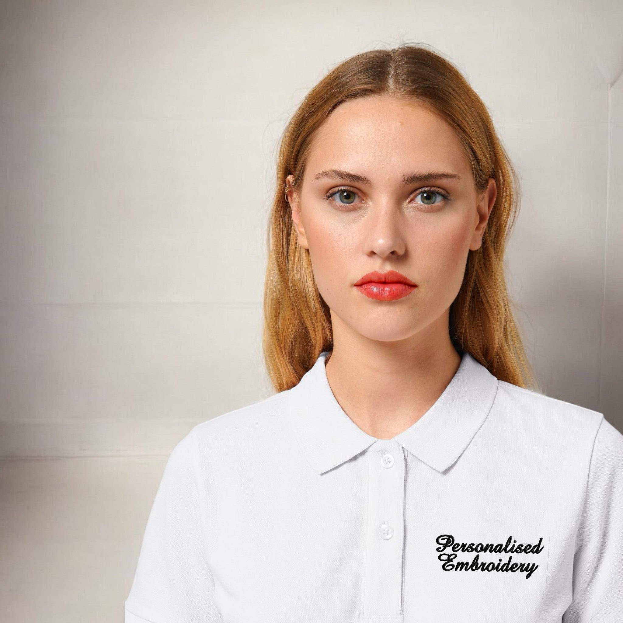 Personalised Lyric Left Chest Embroidered premium organic women's 'Lol' polo shirt - choose your own lyrics, font and thread colour