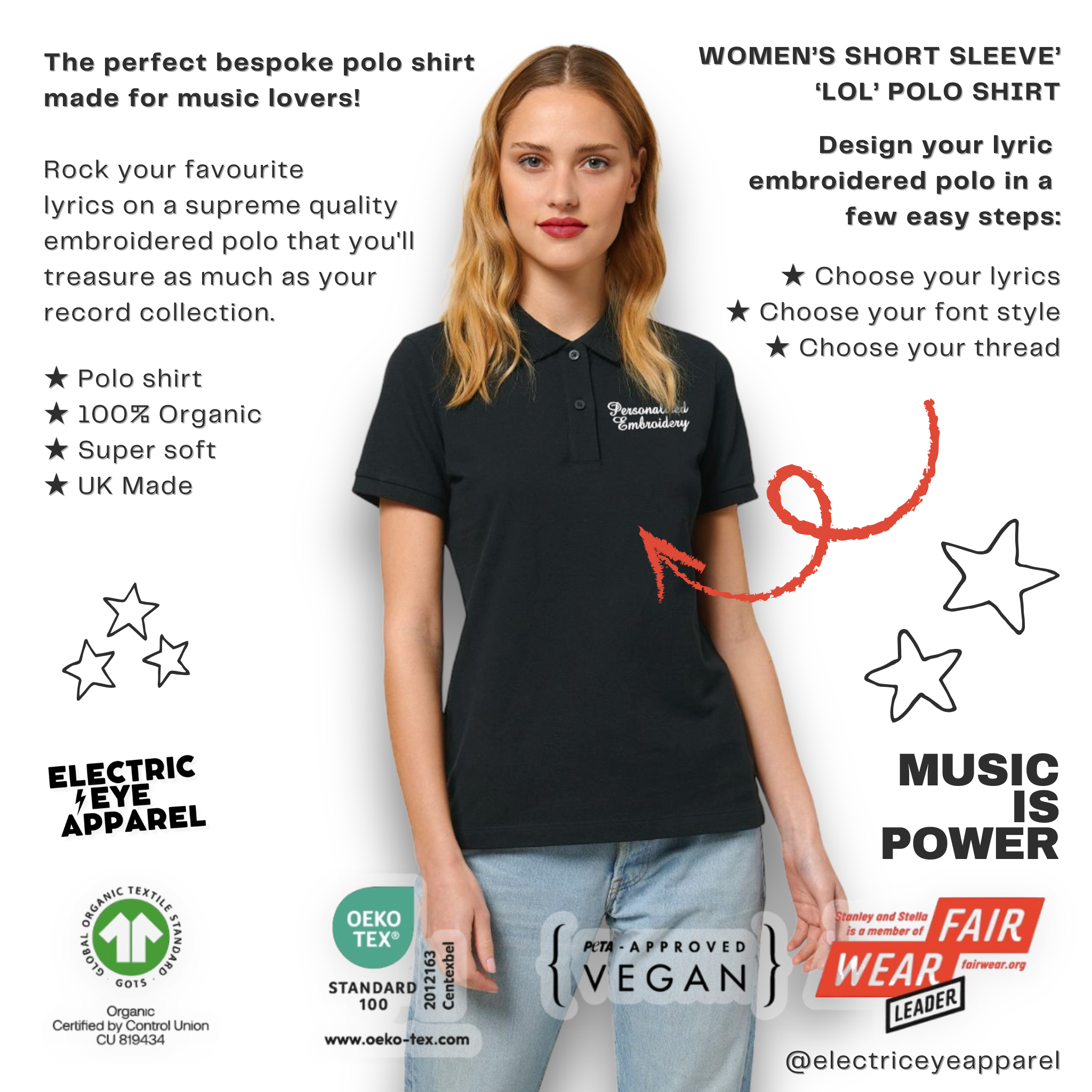 Personalised Lyric Left Chest Embroidered premium organic women's 'Lol' polo shirt - choose your own lyrics, font and thread colour