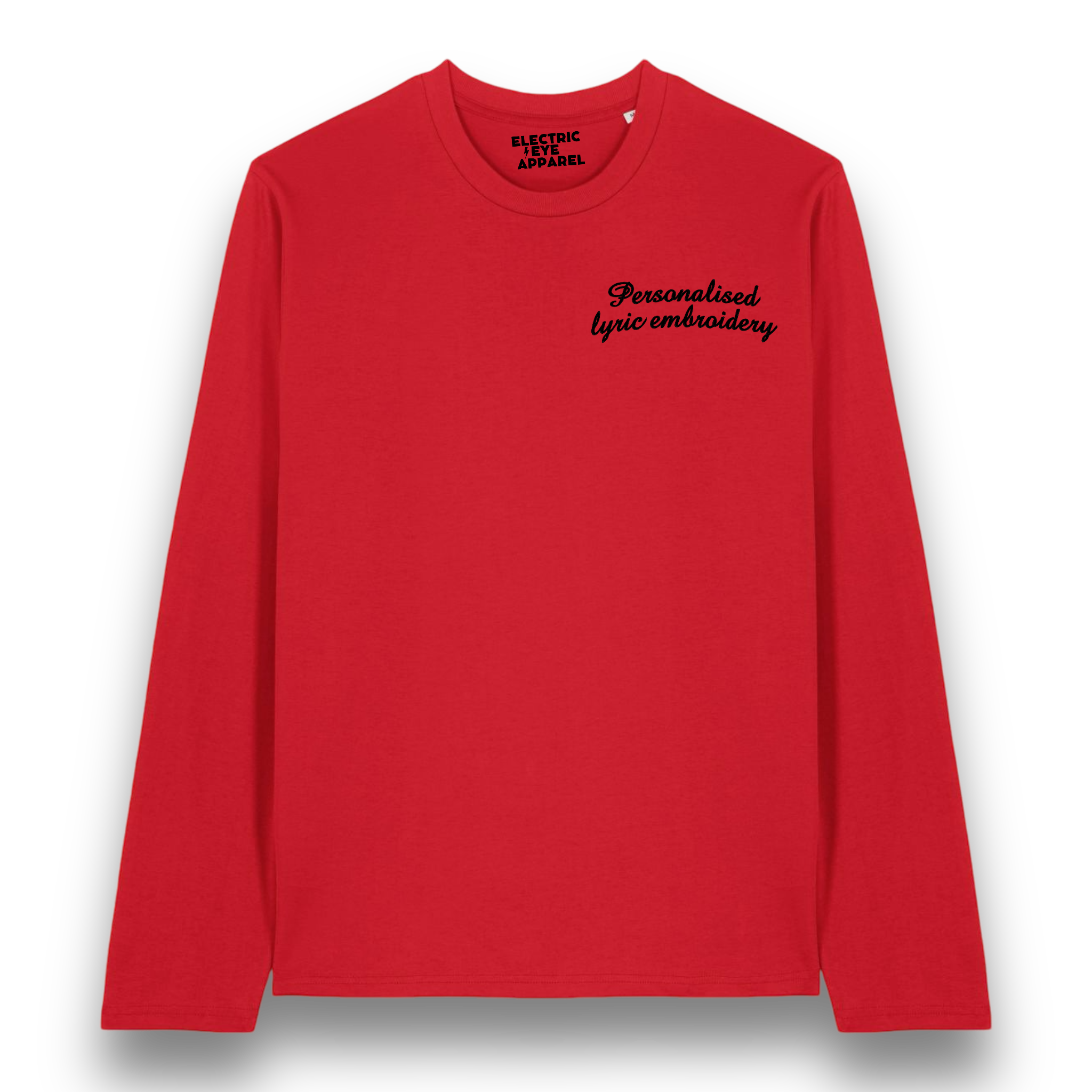 Personalised Lyric Left Chest Embroidered premium organic iconic unisex 'Long Sleeve Creator 2.0' t-shirt - choose your own lyrics, font and thread colour