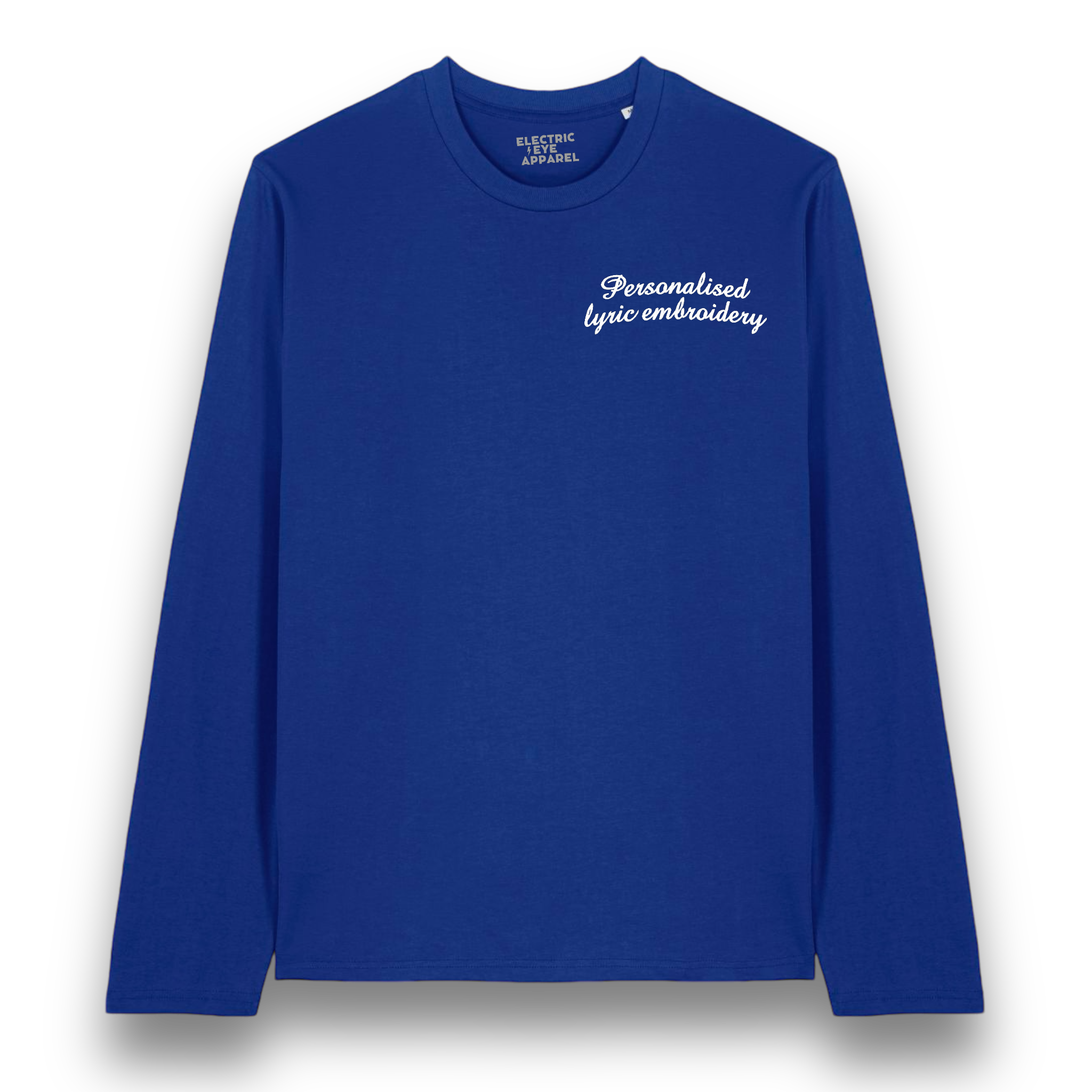 Personalised Lyric Left Chest Embroidered premium organic iconic unisex 'Long Sleeve Creator 2.0' t-shirt - choose your own lyrics, font and thread colour