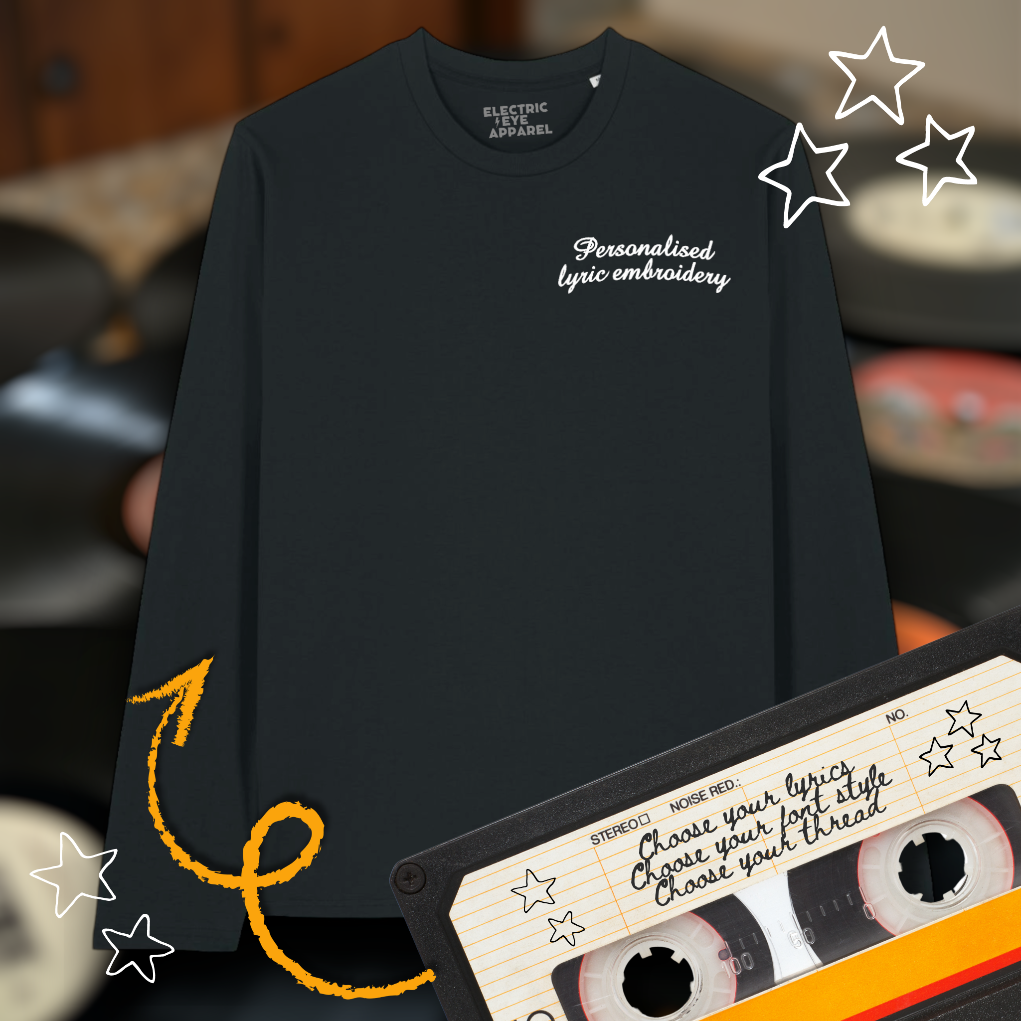 Personalised Lyric Left Chest Embroidered premium organic iconic unisex 'Long Sleeve Creator 2.0' t-shirt - choose your own lyrics, font and thread colour