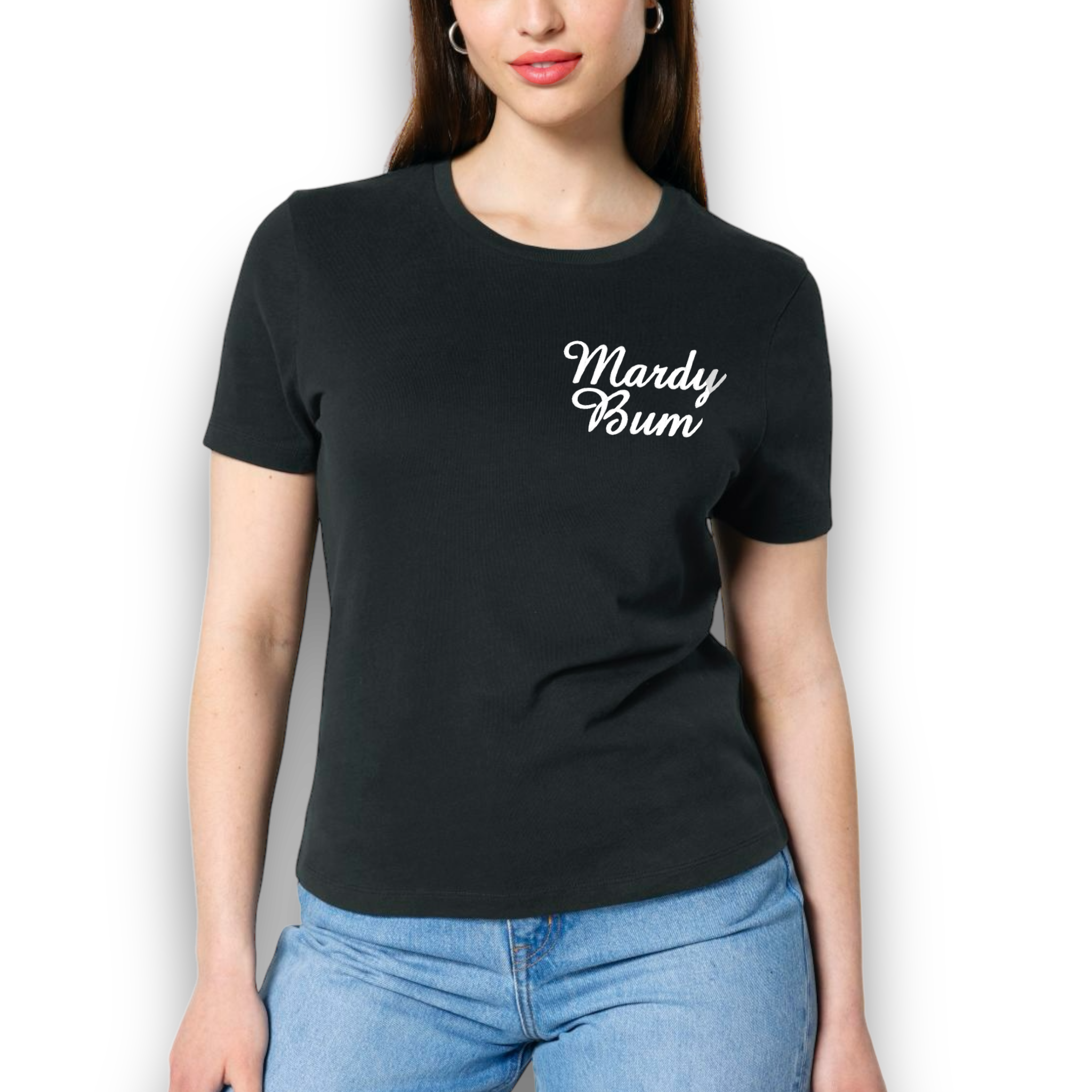 'MARDY BUM' left chest embroidered premium organic women's fitted 'ella' t-shirt - inspired by Arctic Monkeys