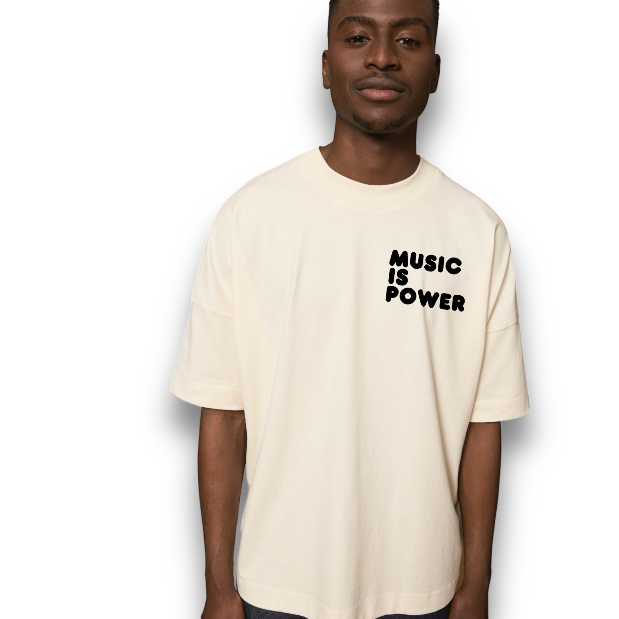 'MUSIC IS POWER' embroidered heavy weight organic cotton men's drop shoulder 'blaster' t-shirt - inspired by Richard Ashcroft