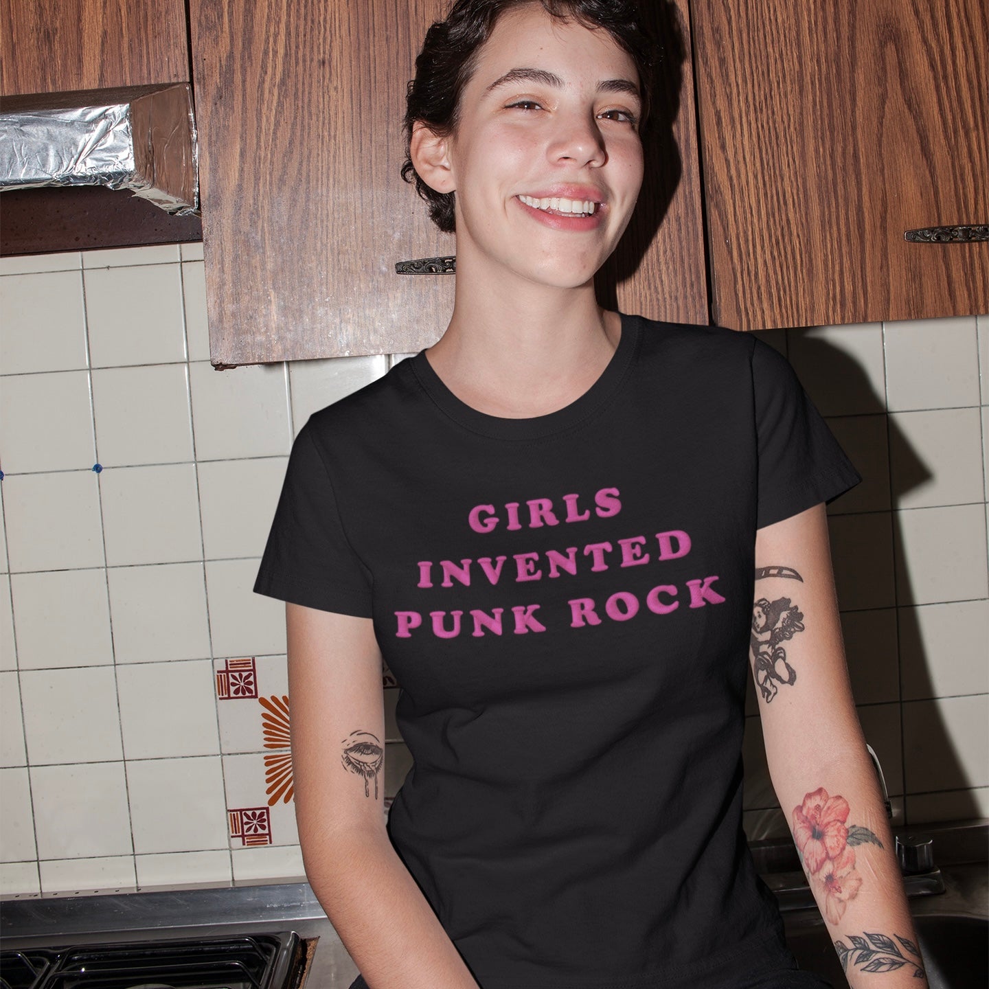 'GIRLS INVENTED PUNK ROCK' embroidered premium organic unisex 'Crafter' t-shirt - sizes XXS-6XL