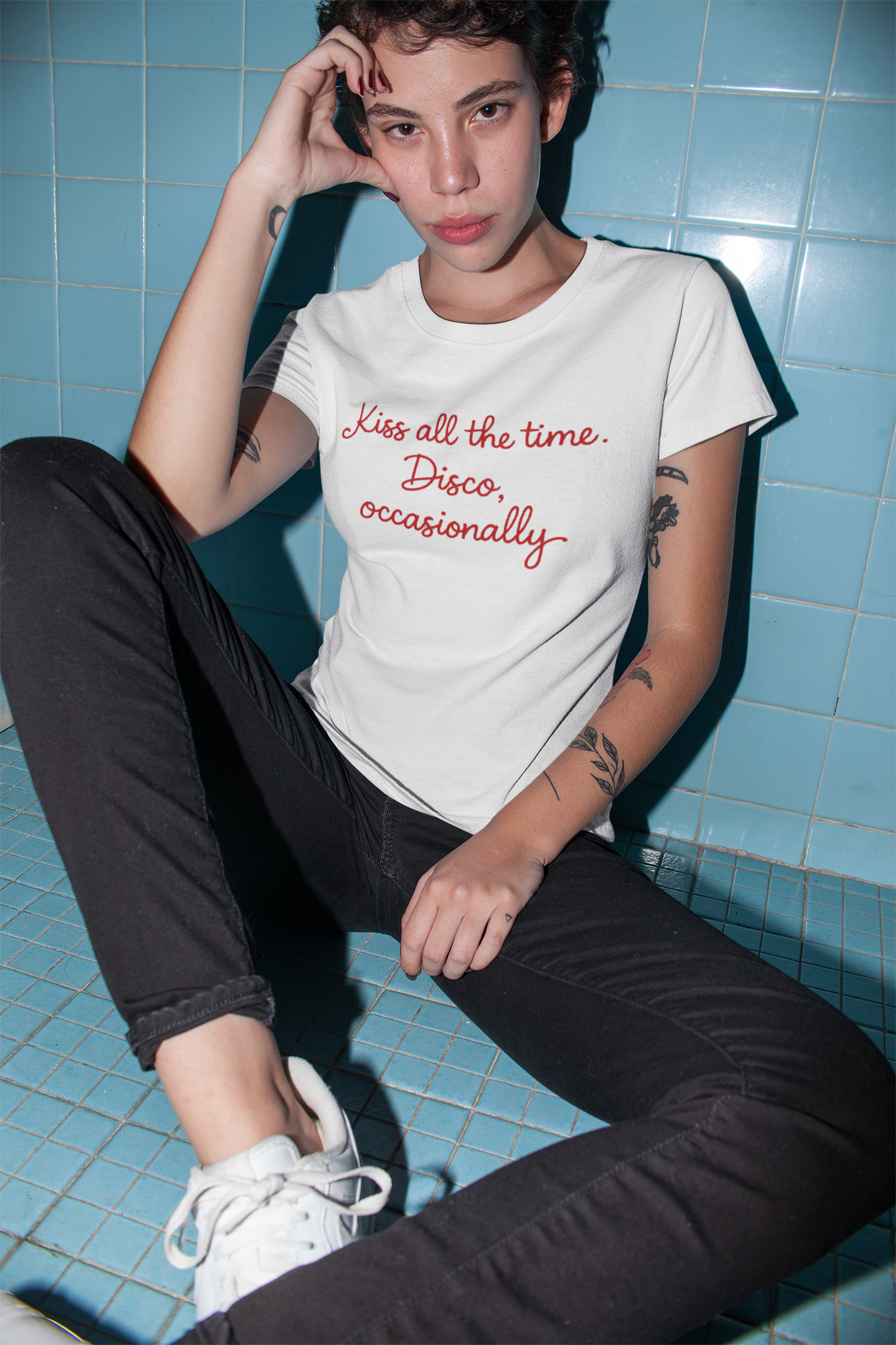 'KISS ALL THE TIME, DISCO OCCASIONALLY' embroidered premium organic women's classic fit 'Muser' t-shirt