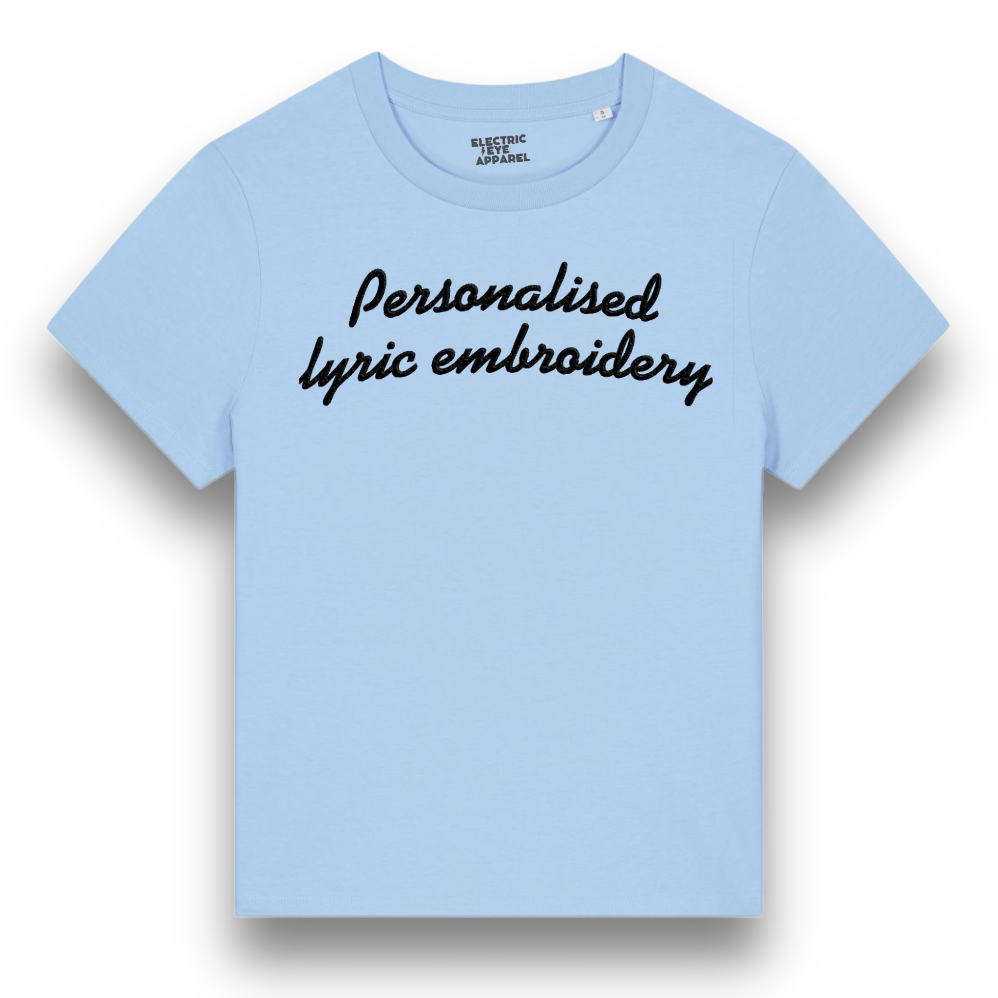 Personalised Lyric Centre Chest Embroidered premium organic iconic women's 'Muser' t-shirt - choose your own lyrics, font and thread colour