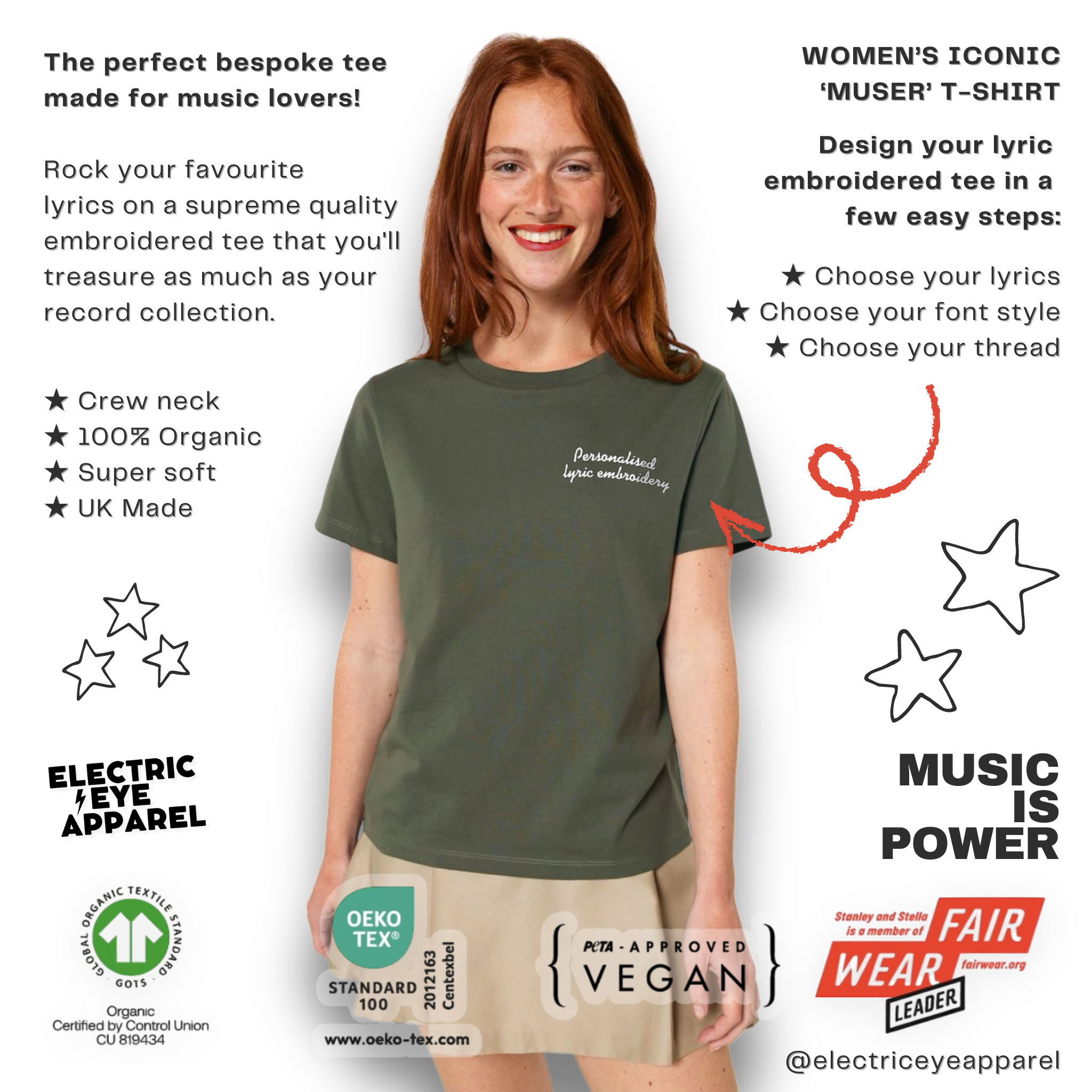 Personalised Lyric Left Chest Embroidered premium organic iconic women's 'Muser' t-shirt - choose your own lyrics, font and thread colour