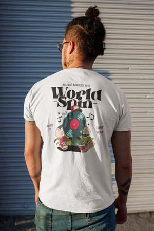Music Makes The World Spin Printed Back Unisex organic cotton t-shirt