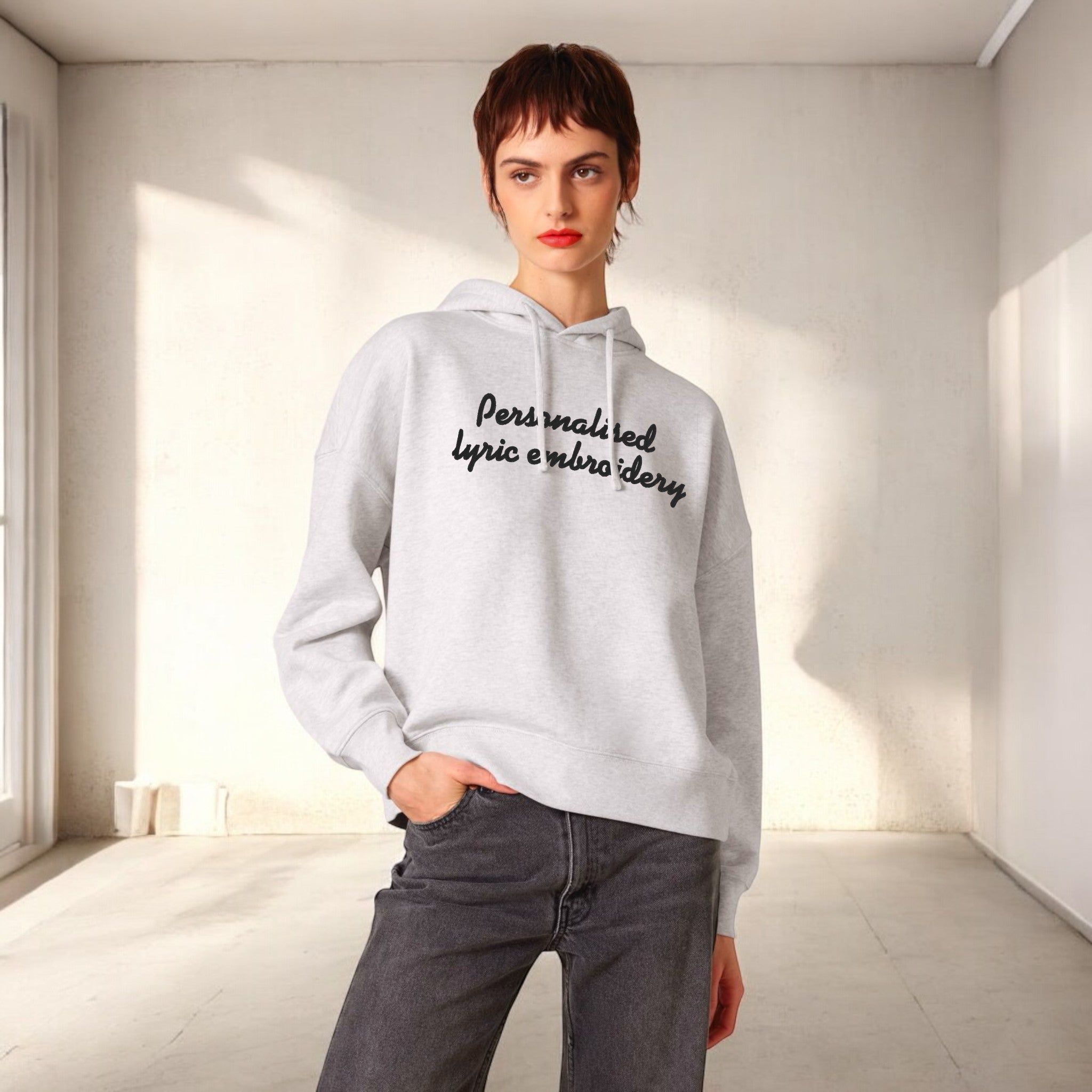 Personalised Lyric Centre Chest Embroidered premium organic women's drop shoulder 'Nora' hoodie - choose your own lyrics, font and thread colour