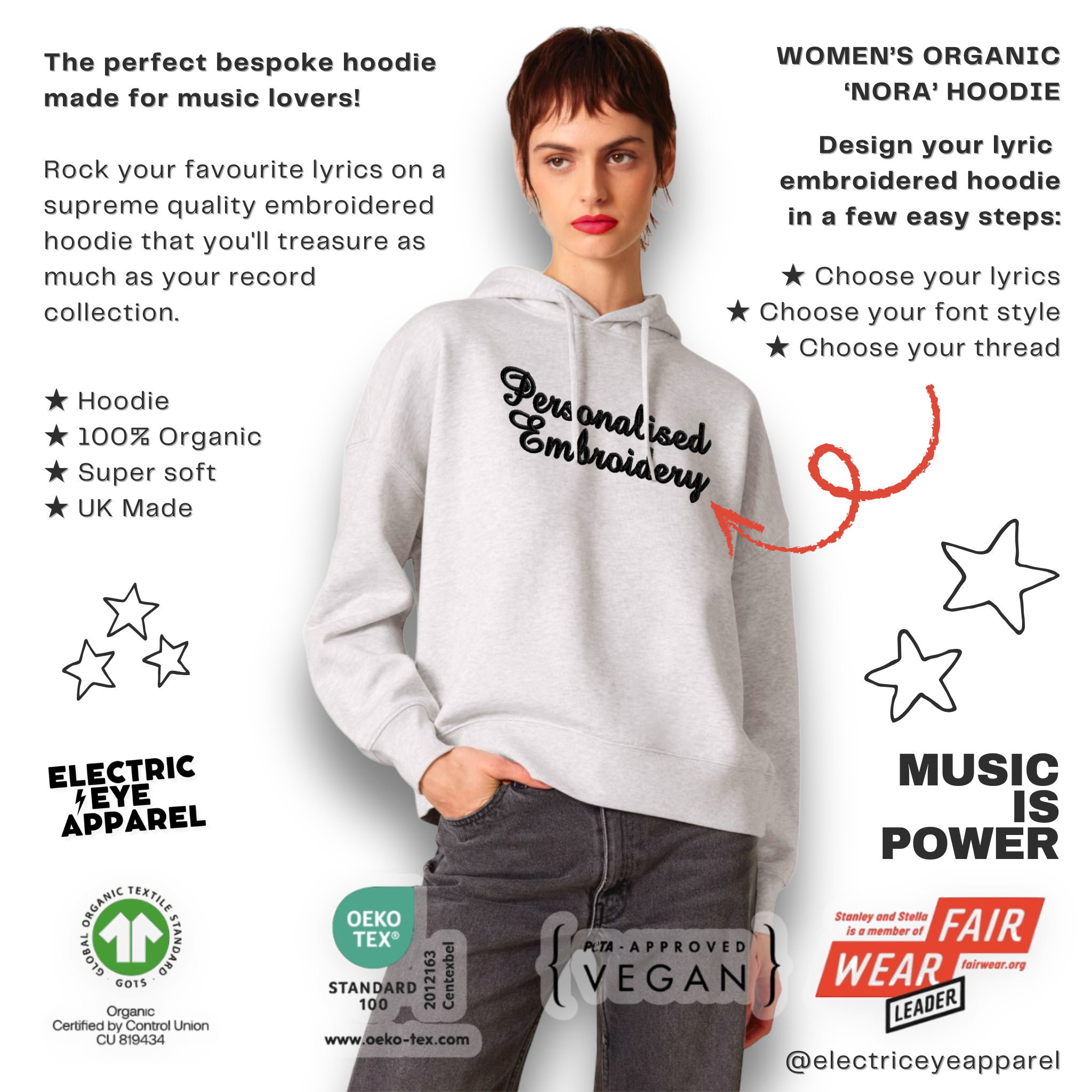 Personalised Lyric Centre Chest Embroidered premium organic women's drop shoulder 'Nora' hoodie - choose your own lyrics, font and thread colour