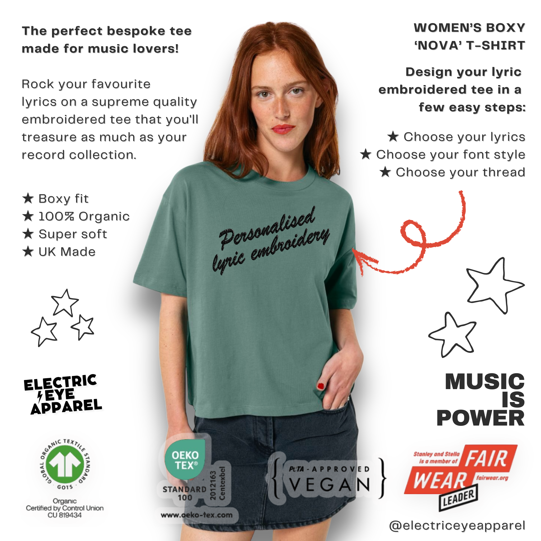 Personalised Lyric Centre Chest Embroidered premium organic women's boxy 'Nova' t-shirt - choose your own lyrics, font and thread colour