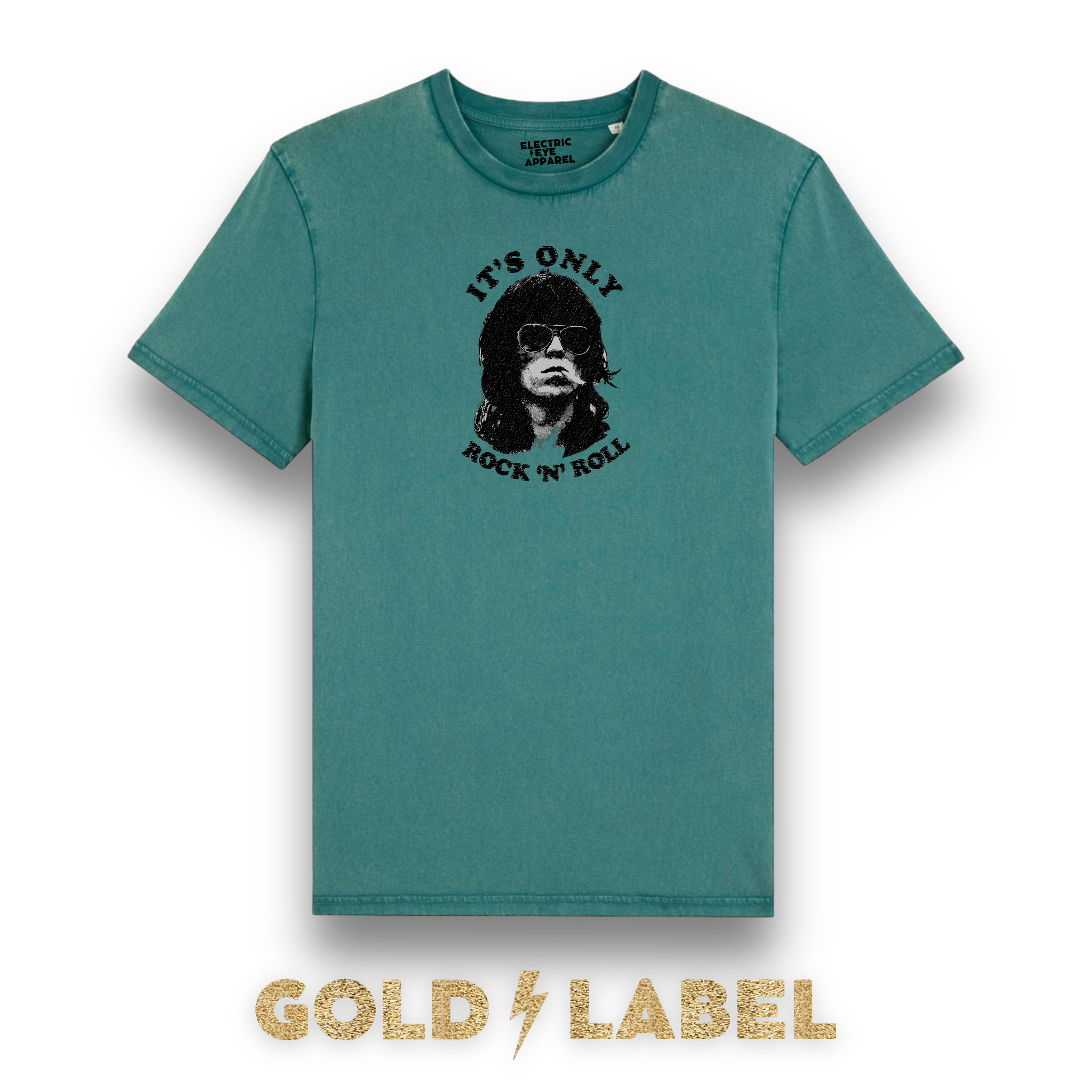 GOLD LABEL UNISEX KEITH RICHARDS EMBROIDERED ORGANIC AGED DYE 'CREATOR VINTAGE' T-SHIRT - OPTIONAL 'IT'S ONLY ROCK 'N' ROLL' TEXT COLOUR