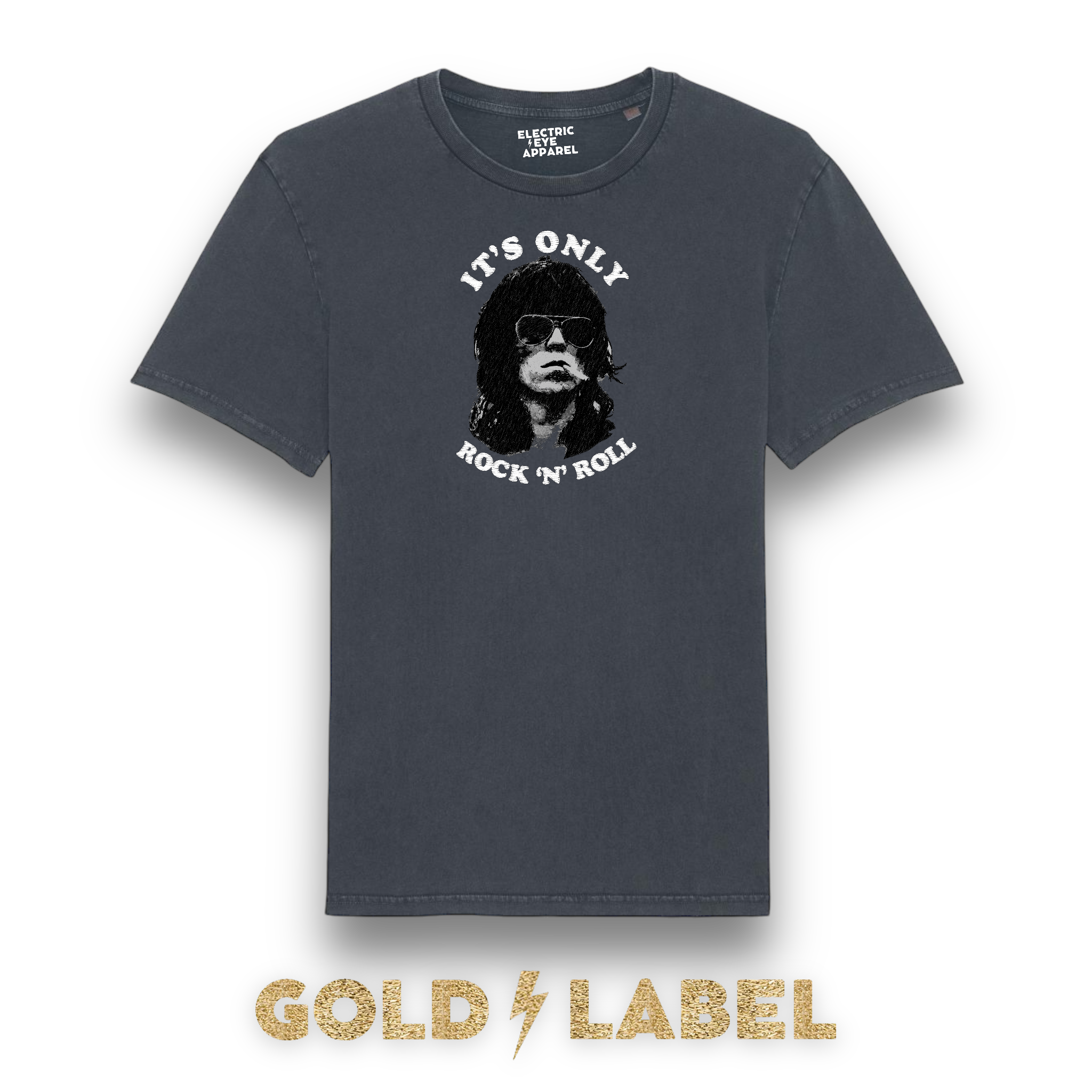 GOLD LABEL UNISEX KEITH RICHARDS EMBROIDERED ORGANIC AGED DYE 'CREATOR VINTAGE' T-SHIRT - OPTIONAL 'IT'S ONLY ROCK 'N' ROLL' TEXT COLOUR