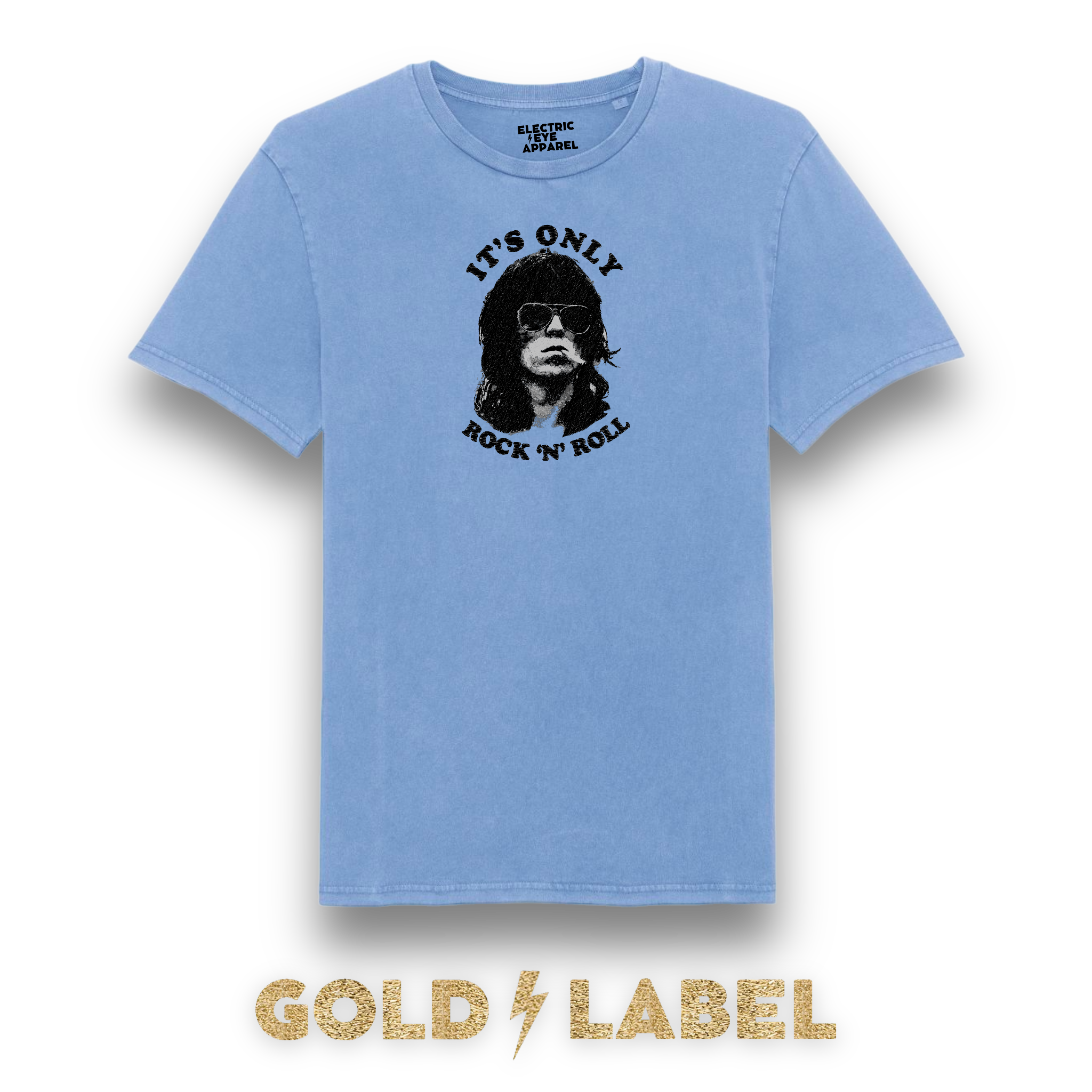 GOLD LABEL UNISEX KEITH RICHARDS EMBROIDERED ORGANIC AGED DYE 'CREATOR VINTAGE' T-SHIRT - OPTIONAL 'IT'S ONLY ROCK 'N' ROLL' TEXT COLOUR