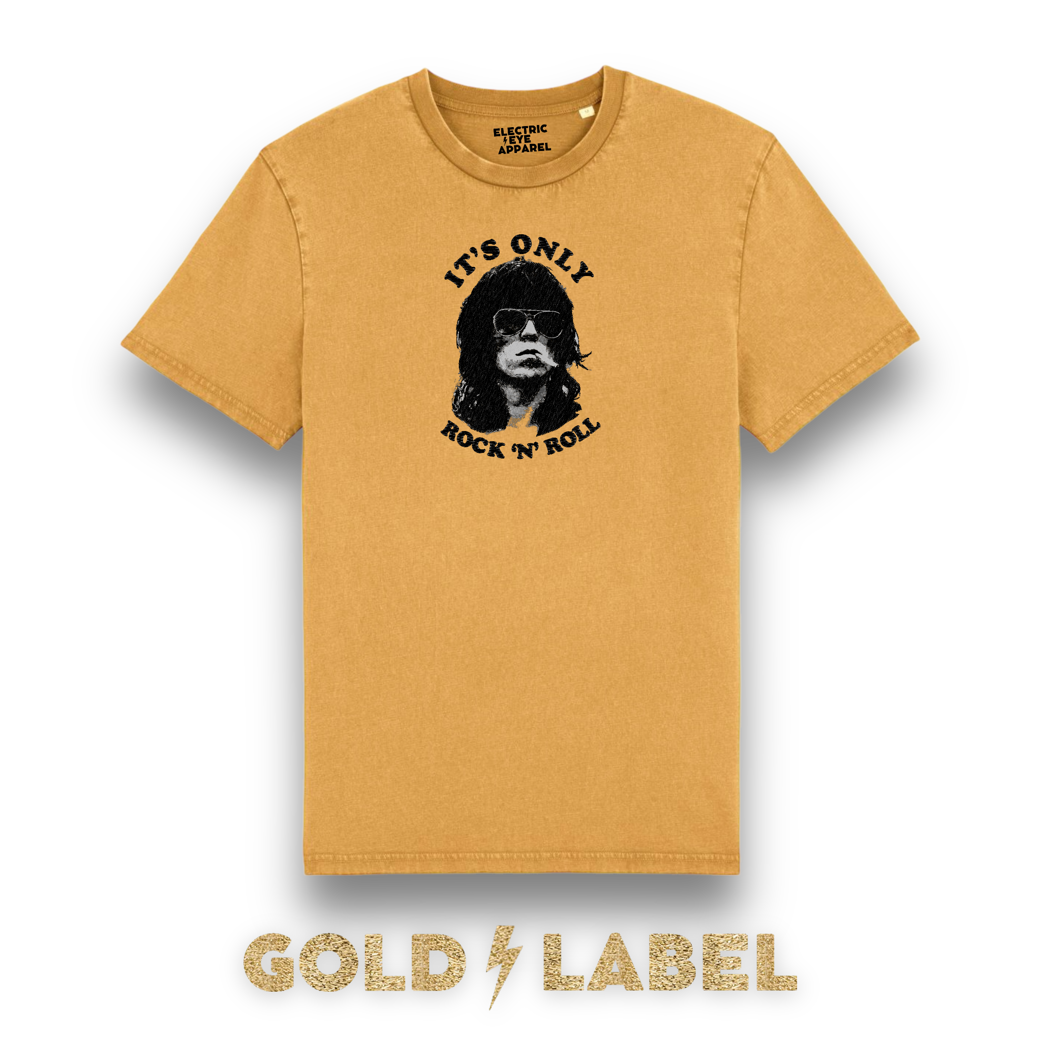 GOLD LABEL UNISEX KEITH RICHARDS EMBROIDERED ORGANIC AGED DYE 'CREATOR VINTAGE' T-SHIRT - OPTIONAL 'IT'S ONLY ROCK 'N' ROLL' TEXT COLOUR