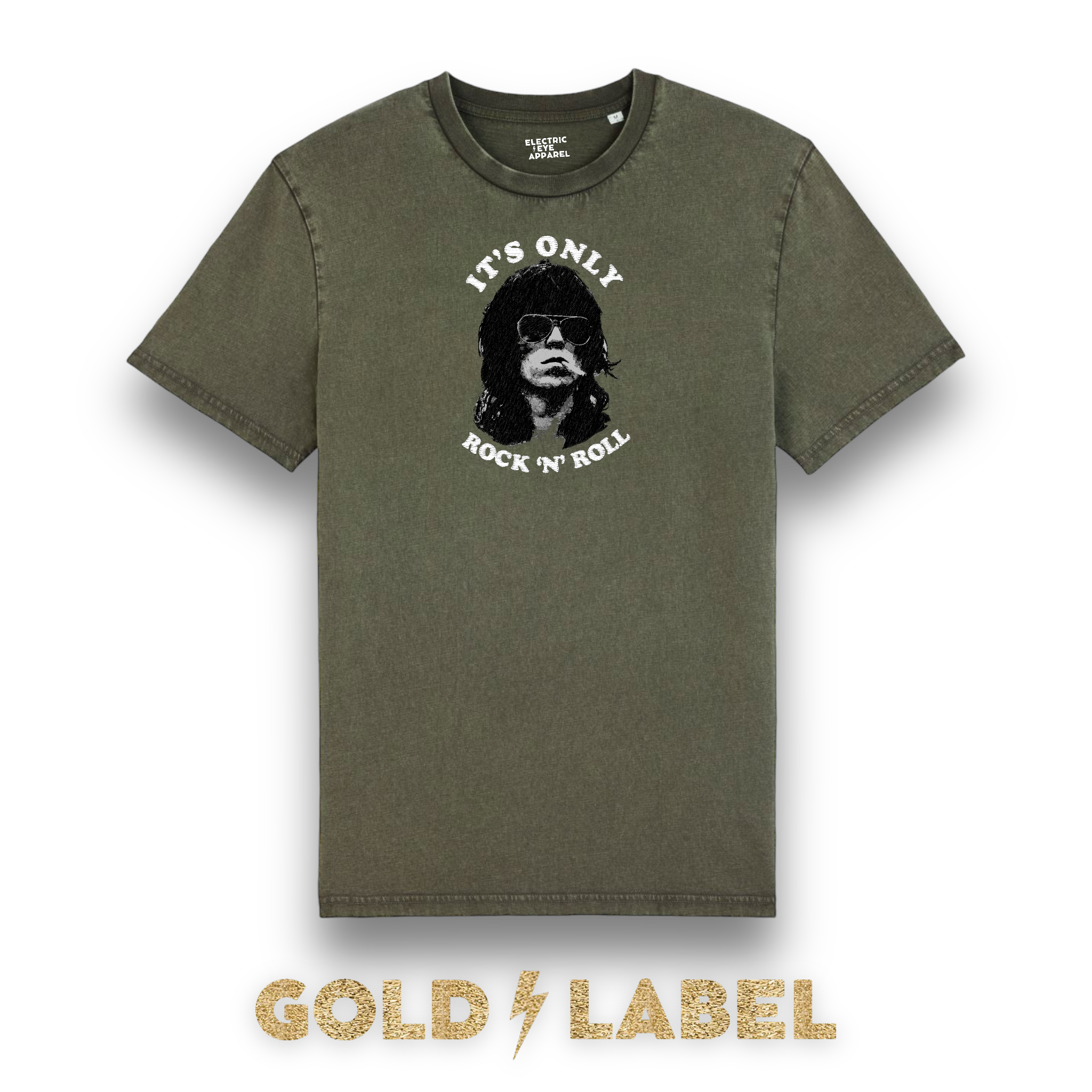 GOLD LABEL UNISEX KEITH RICHARDS EMBROIDERED ORGANIC AGED DYE 'CREATOR VINTAGE' T-SHIRT - OPTIONAL 'IT'S ONLY ROCK 'N' ROLL' TEXT COLOUR