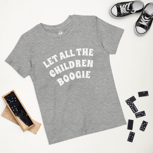 LET ALL THE CHILDREN BOOGIE Printed Organic cotton kids t-shirt - white text