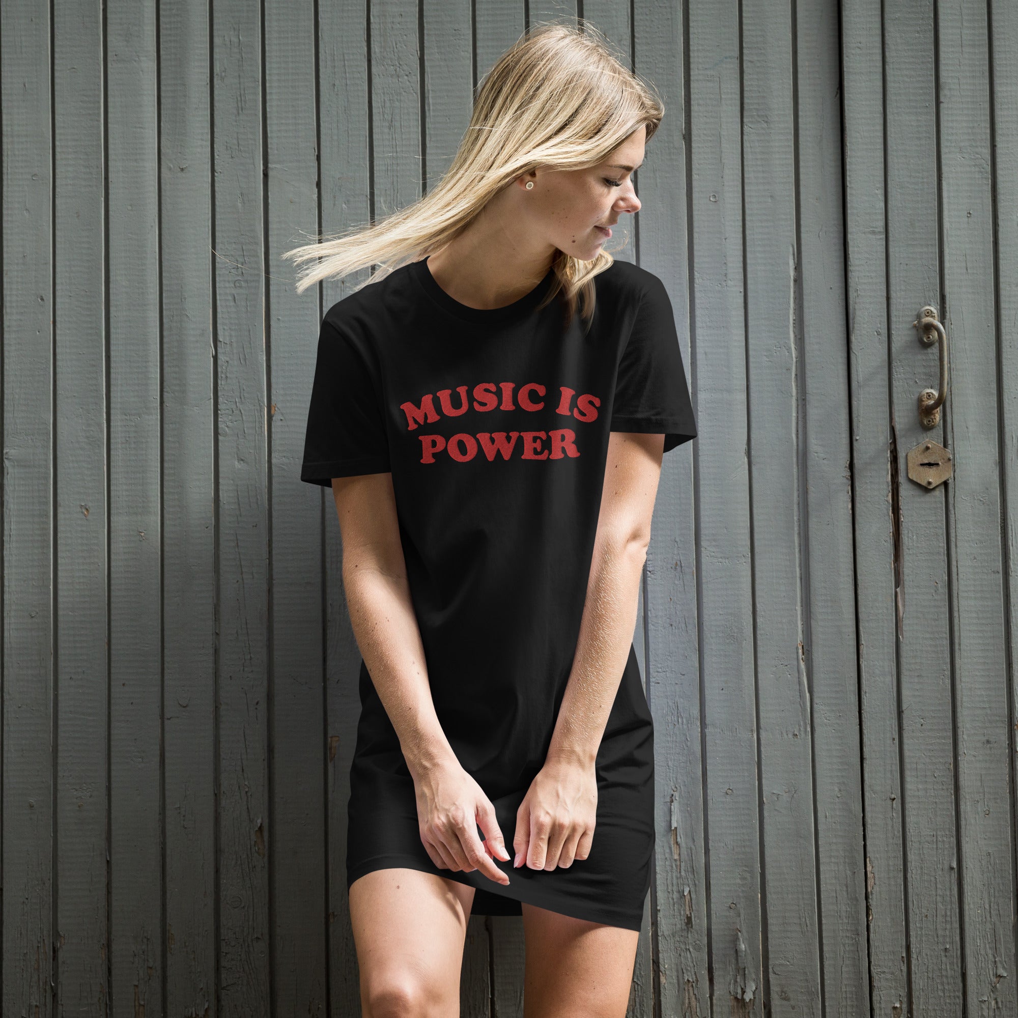MUSIC IS POWER 刺绣有机棉T恤连衣裙