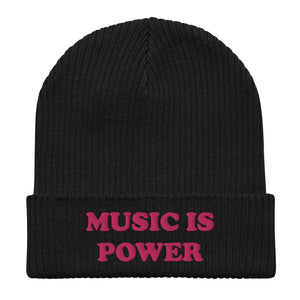 Music Is Power 刺绣有机针织罗纹男女通用无檐小便帽 - 粉色刺绣（更多颜色可选）