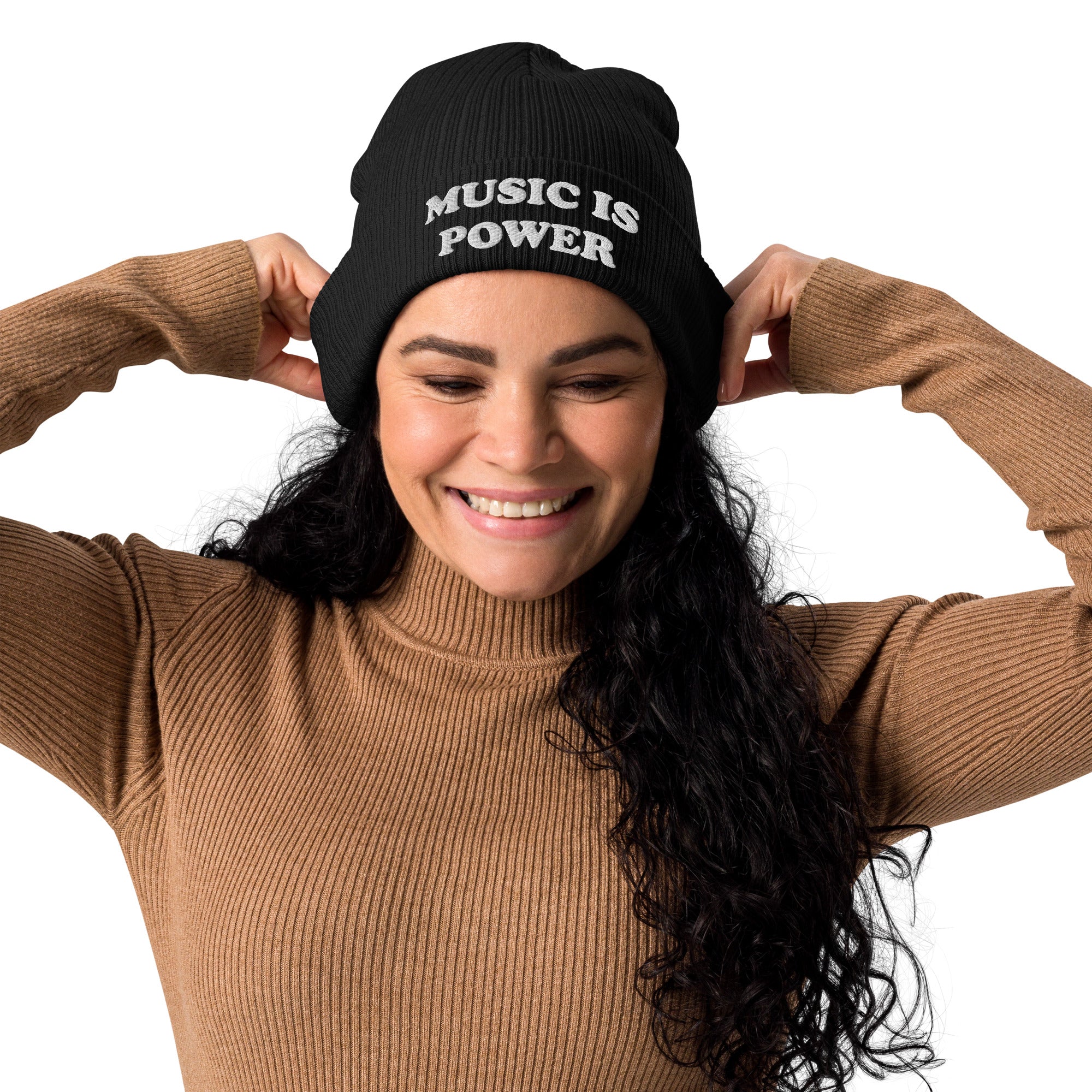 Music Is Power Embroidered Organic knitted ribbed unisex beanie hat - pink embroidery (more colours available)