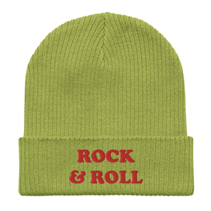 Rock & Roll Embroidered Organic ribbed knitted unisex beanie hat - red embroidery (more colours available)