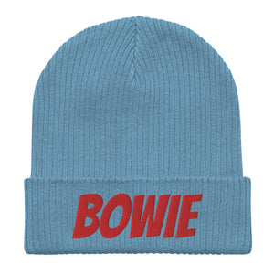 Bowie Embroidered Organic ribbed knitted unisex beanie hat - red embroidery (inspired by David Bowie)