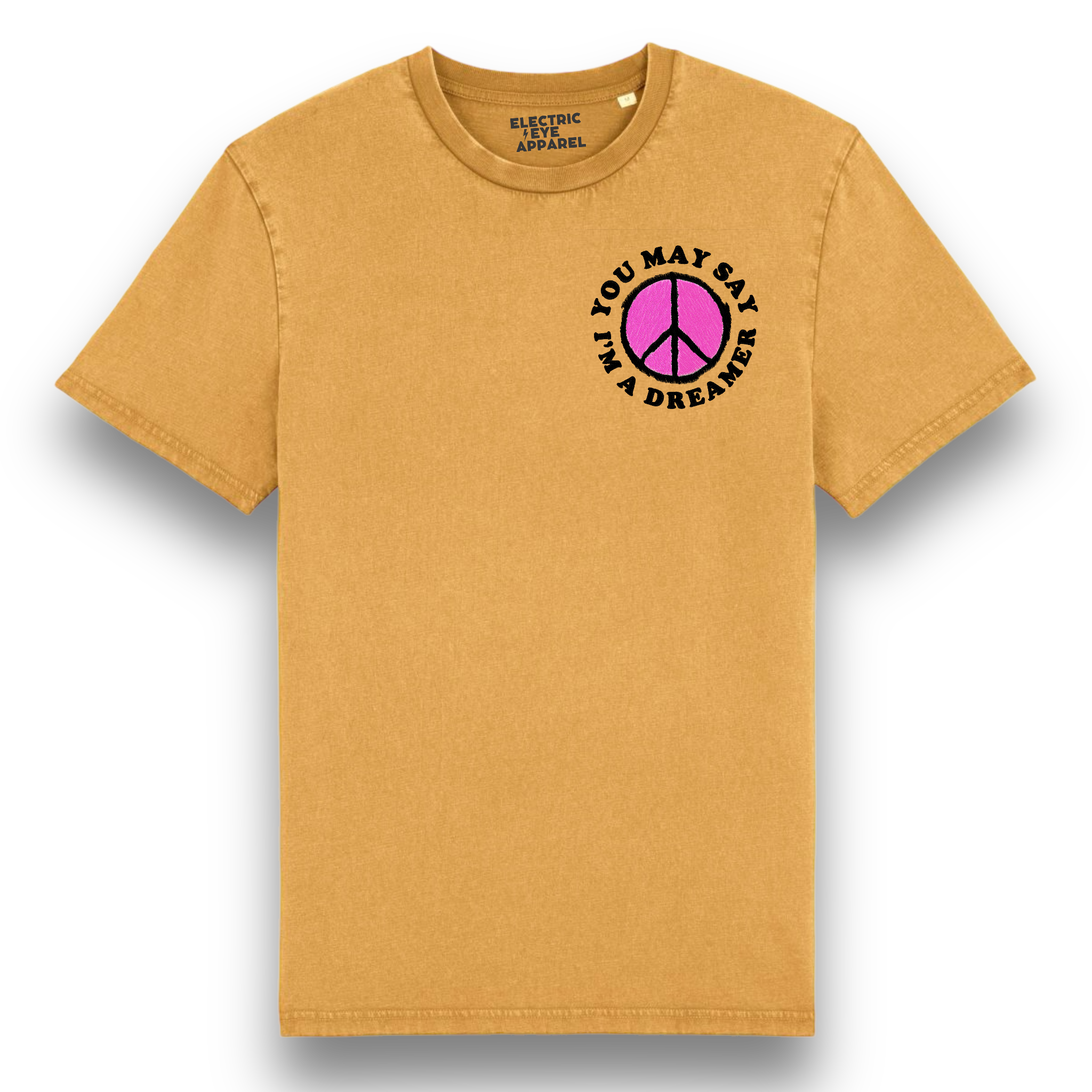 'YOU MAY SAY I'M A DREAMER' peace sign left chest embroidered premium organic unisex vintage aged t-shirt - inspired by John Lennon