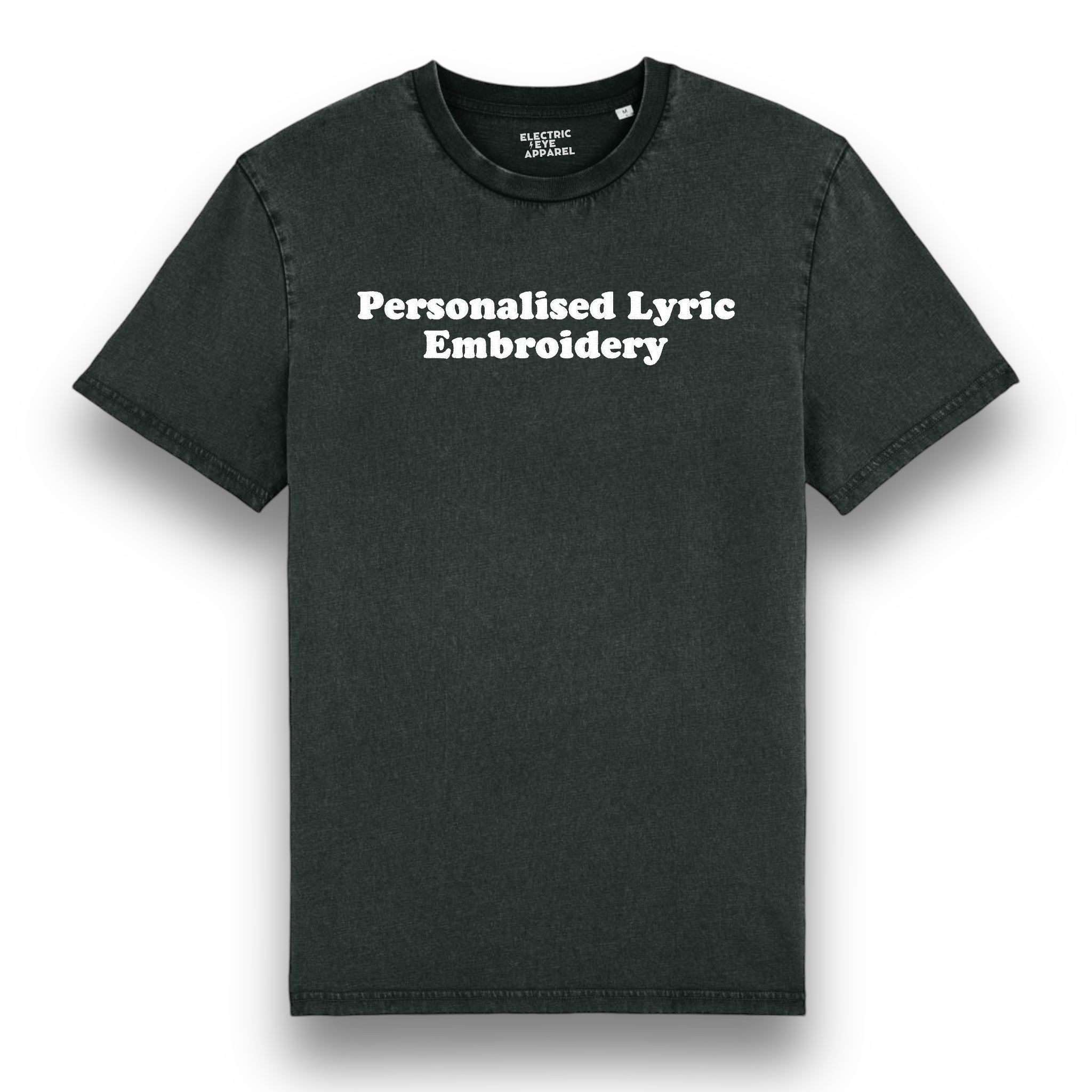 Personalised Lyric Centre Chest Embroidered premium organic unisex garment dyed 'Creator Vintage' t-shirt - choose your own lyrics, font and thread colour